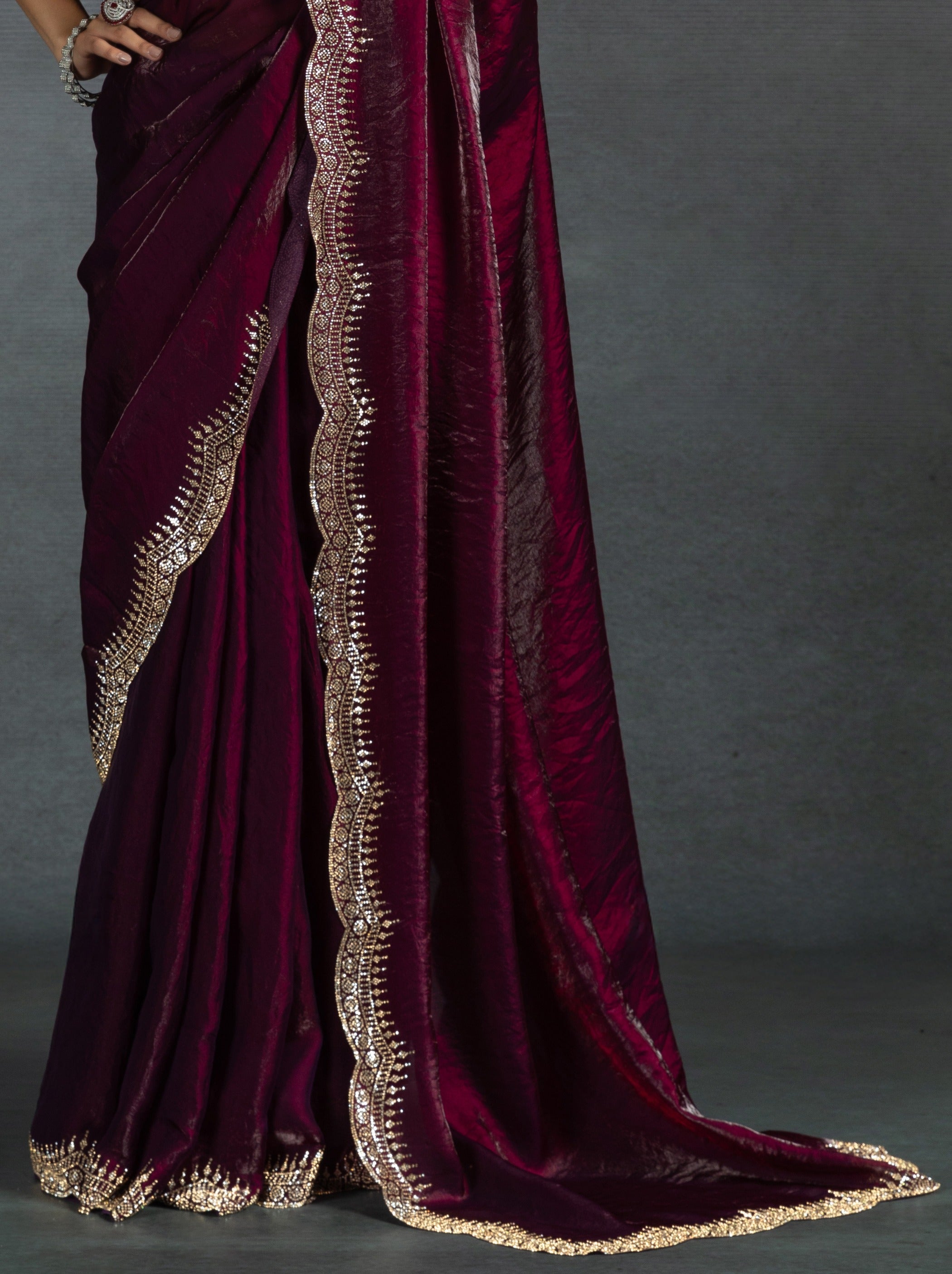 Wine Purple Satin Silk Party Saree Embellished With Zircon Handwork On Border - TrendOye