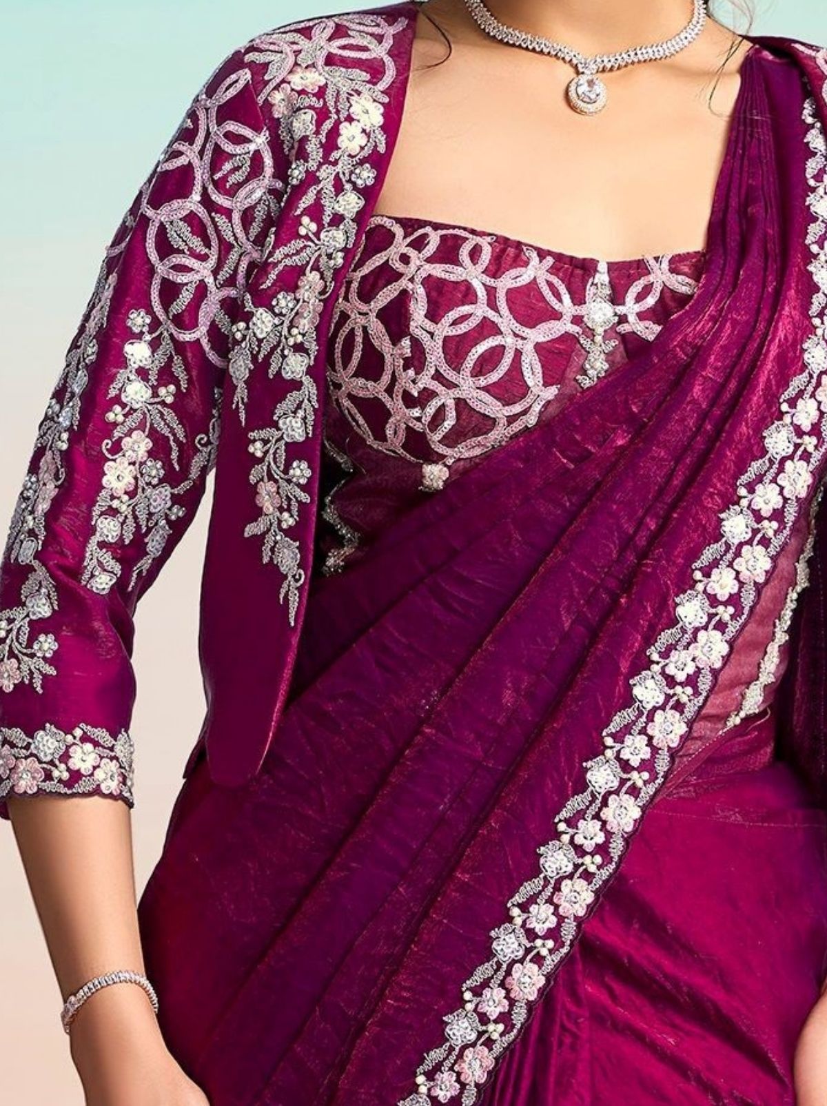 Wine Purple Premium Two Tone Satin Silk Ready to Wear Saree with Jacket