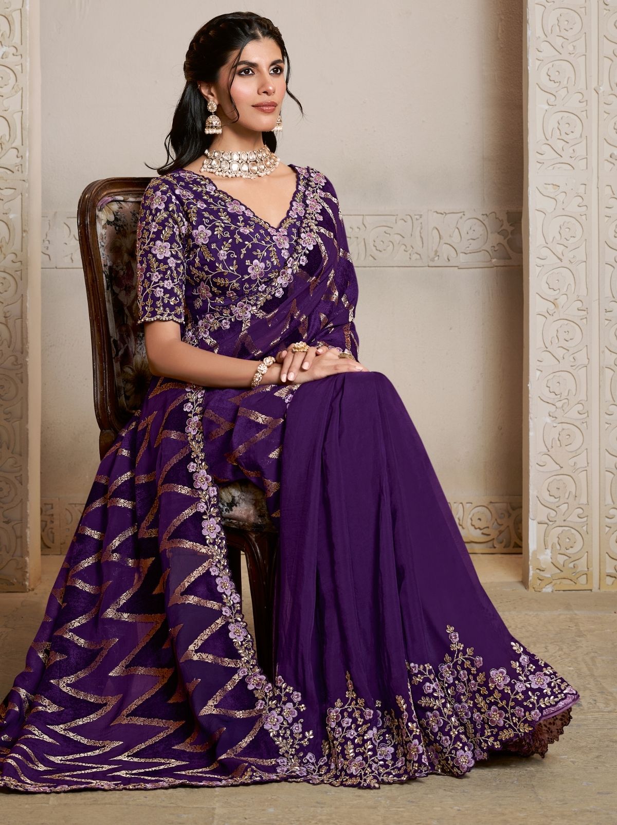 Deep Purple Premium Velvet Saree With Multi Stonework