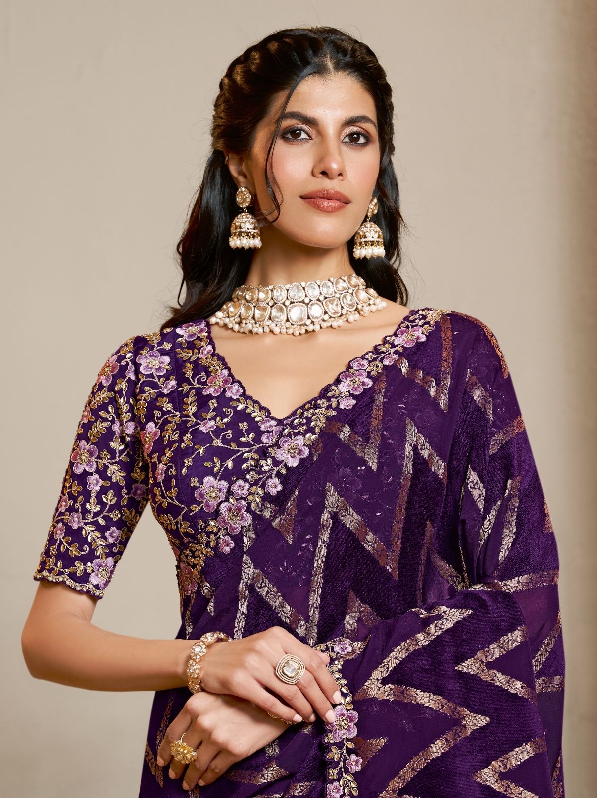 Deep Purple Premium Velvet Saree With Multi Stonework
