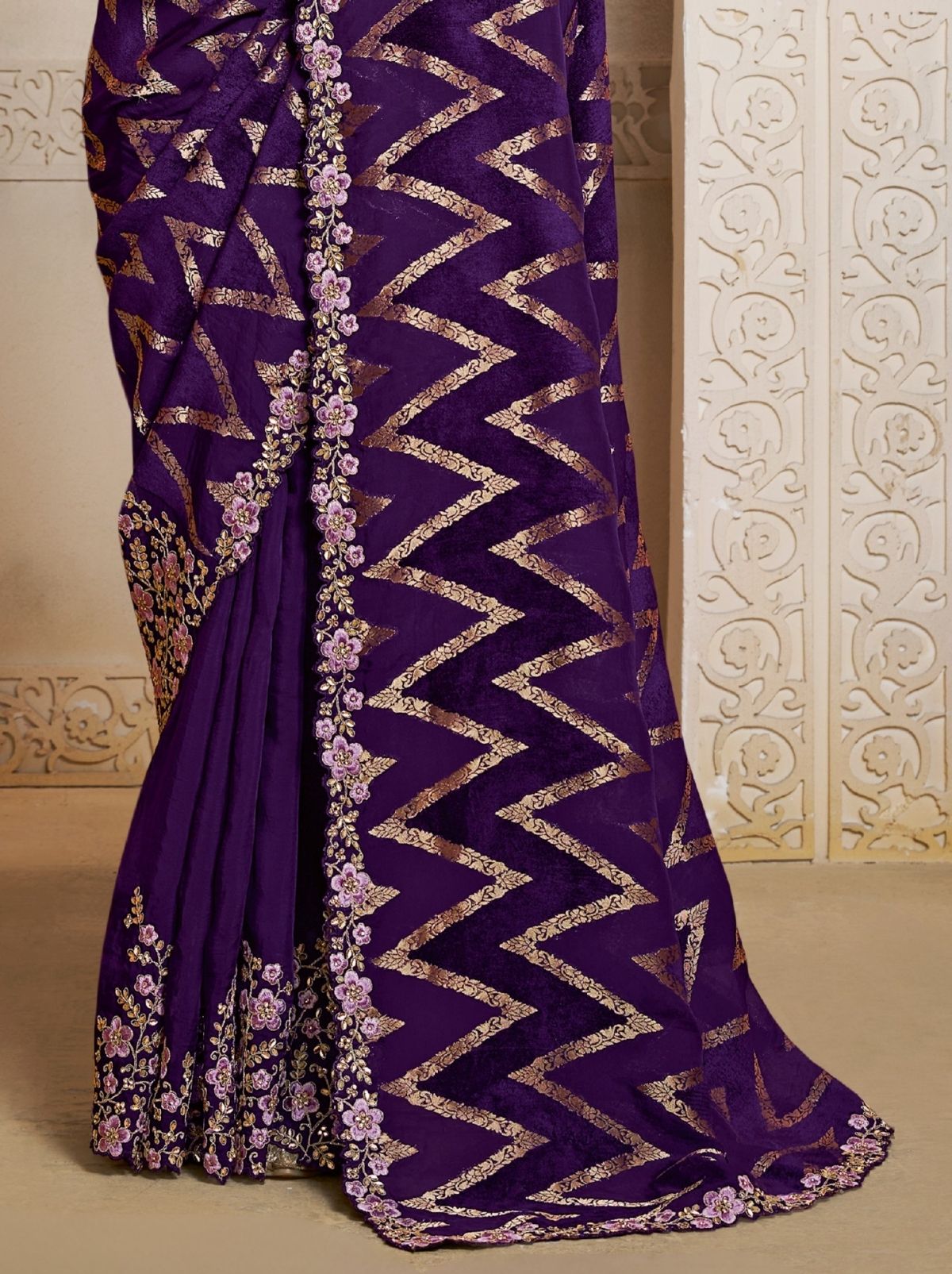 Deep Purple Premium Velvet Saree With Multi Stonework