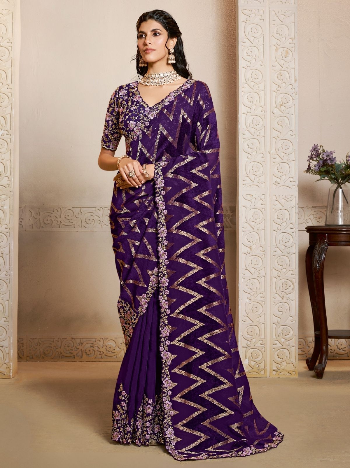 Deep Purple Premium Velvet Saree With Multi Stonework