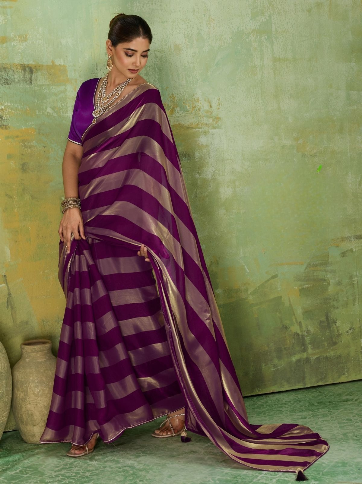 Grape Purple Premium Velvet Satin Saree With Tassel Work