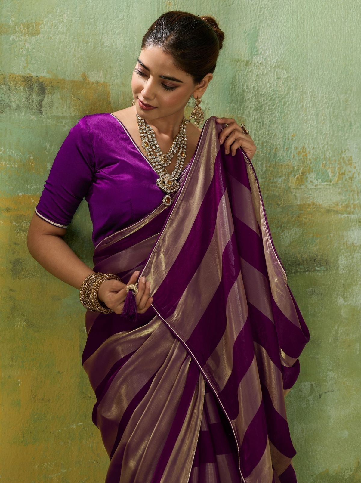 Grape Purple Premium Velvet Satin Saree With Tassel Work