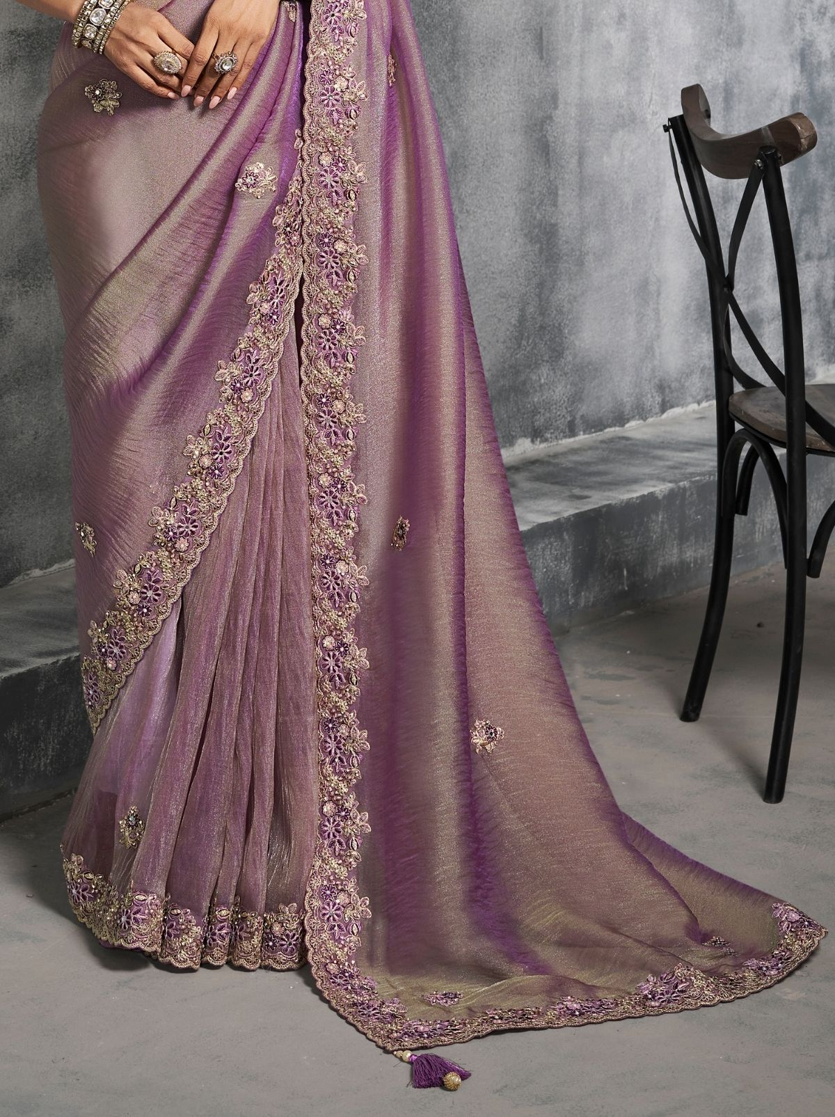 Lavender Purple Premium Zari Tissue Silk Saree With Blouse Piece
