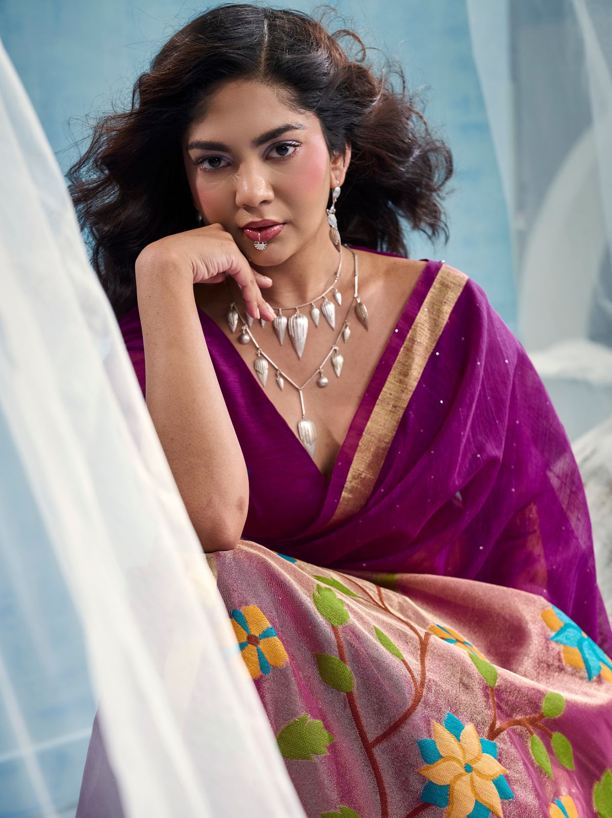 Lollipop Purple Pure Munga Silk Ethnic Saree With Floral Work