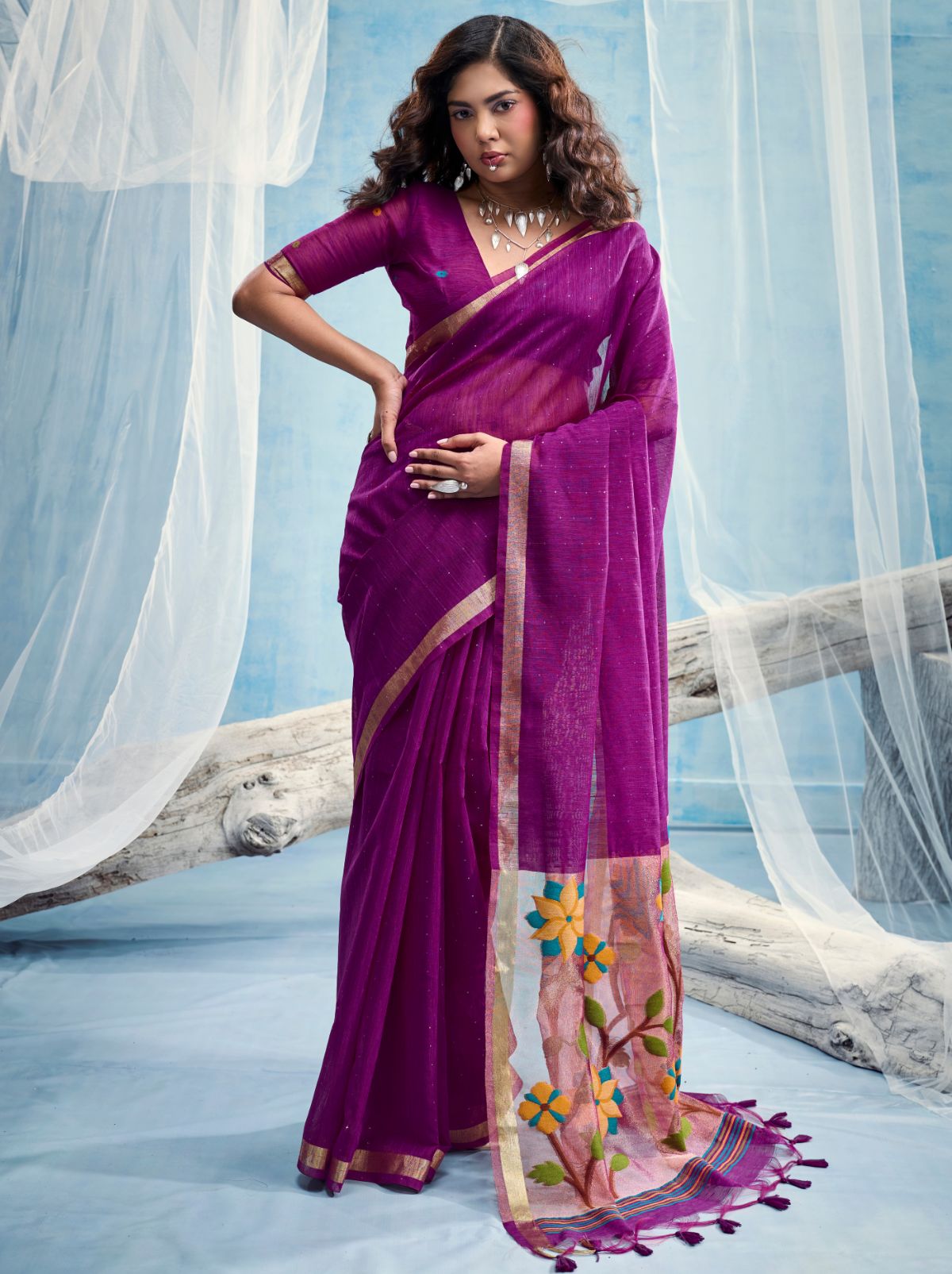 Lollipop Purple Pure Munga Silk Ethnic Saree With Floral Work