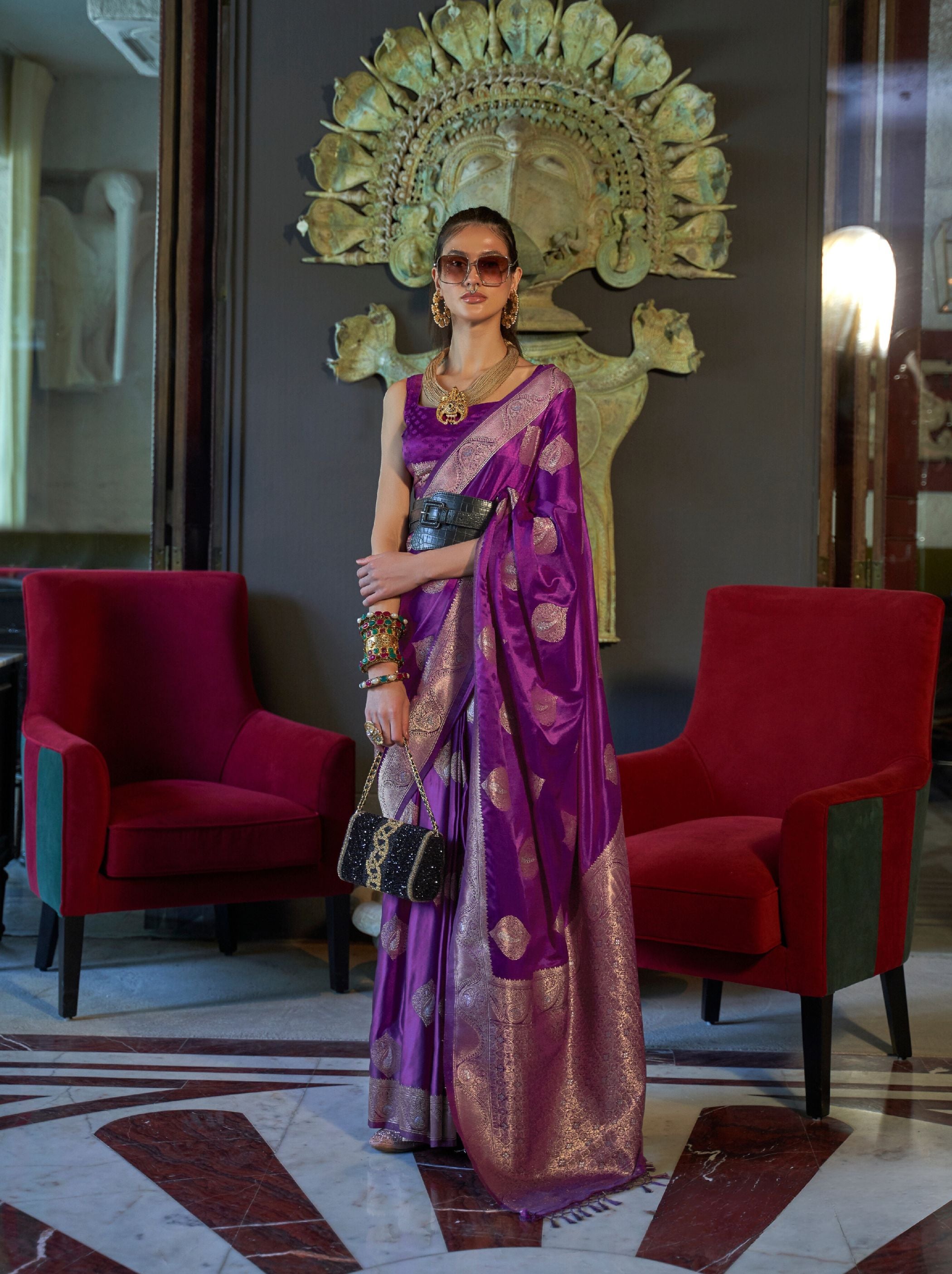 Purple Black Handloom Silk Cotton Saree Saree With Blouse 