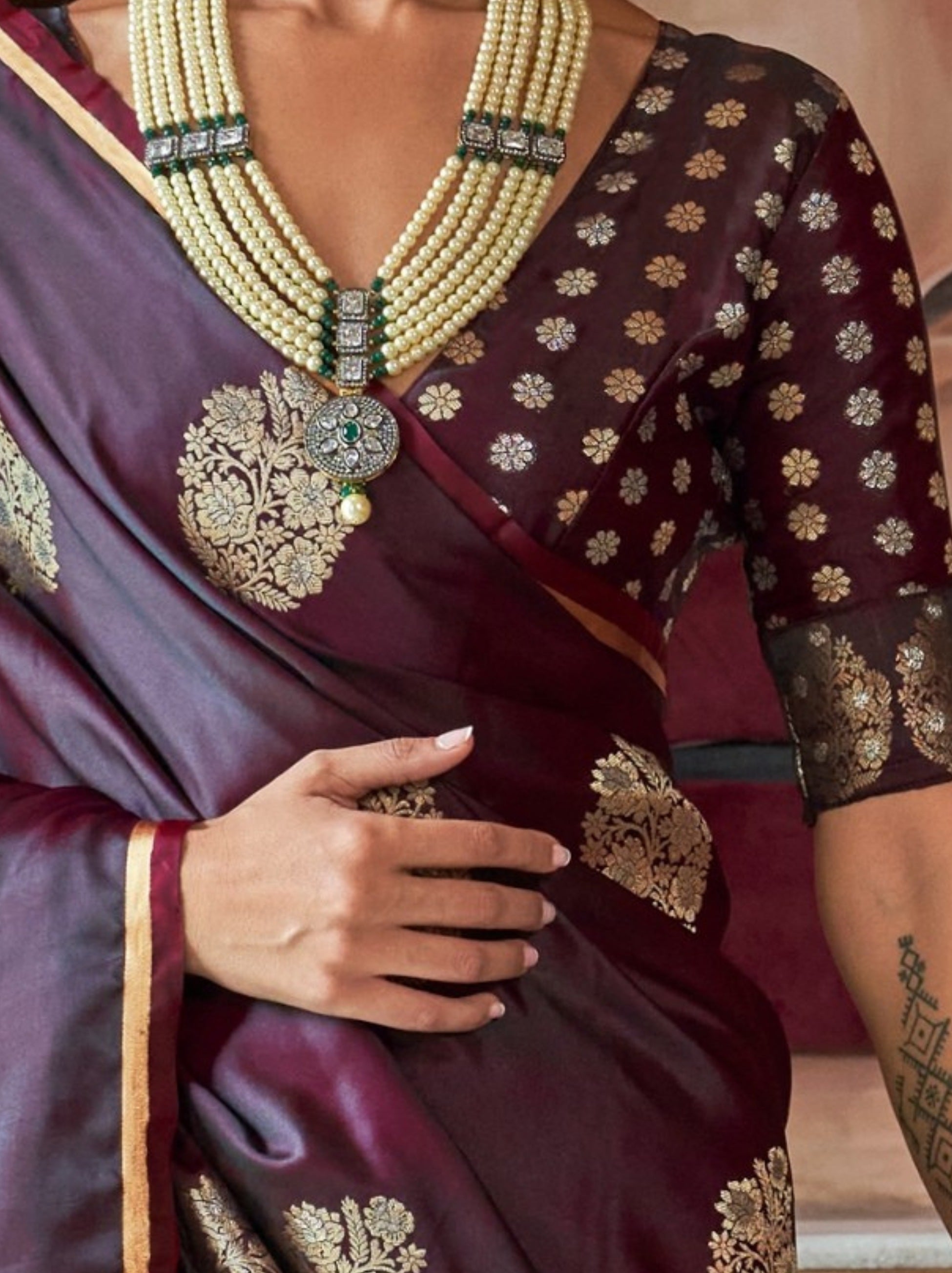 Byzantine Violet Ethnic Designer Satin Saree With Floral Motifs - TrendOye