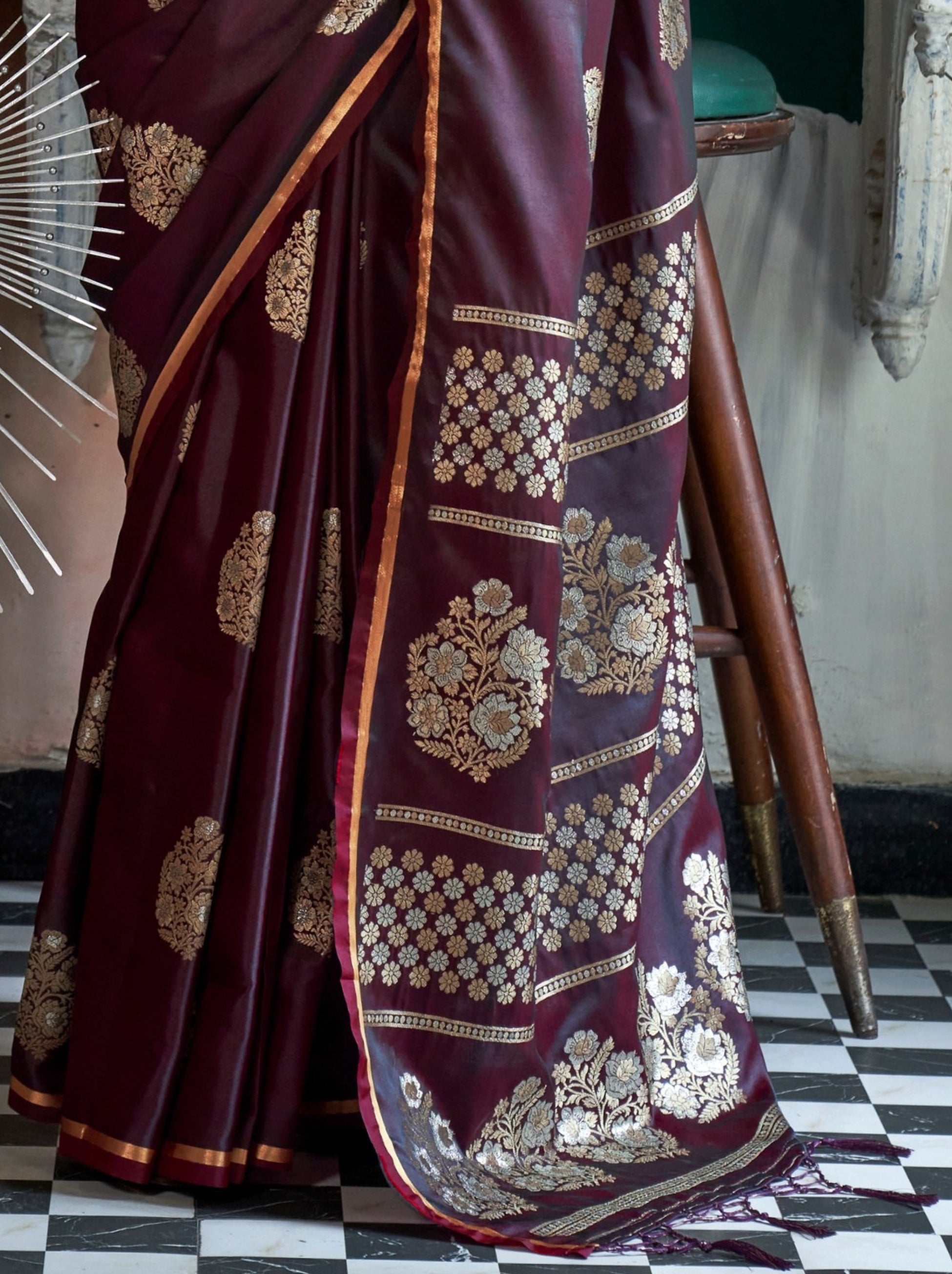 Byzantine Violet Ethnic Designer Satin Saree With Floral Motifs - TrendOye
