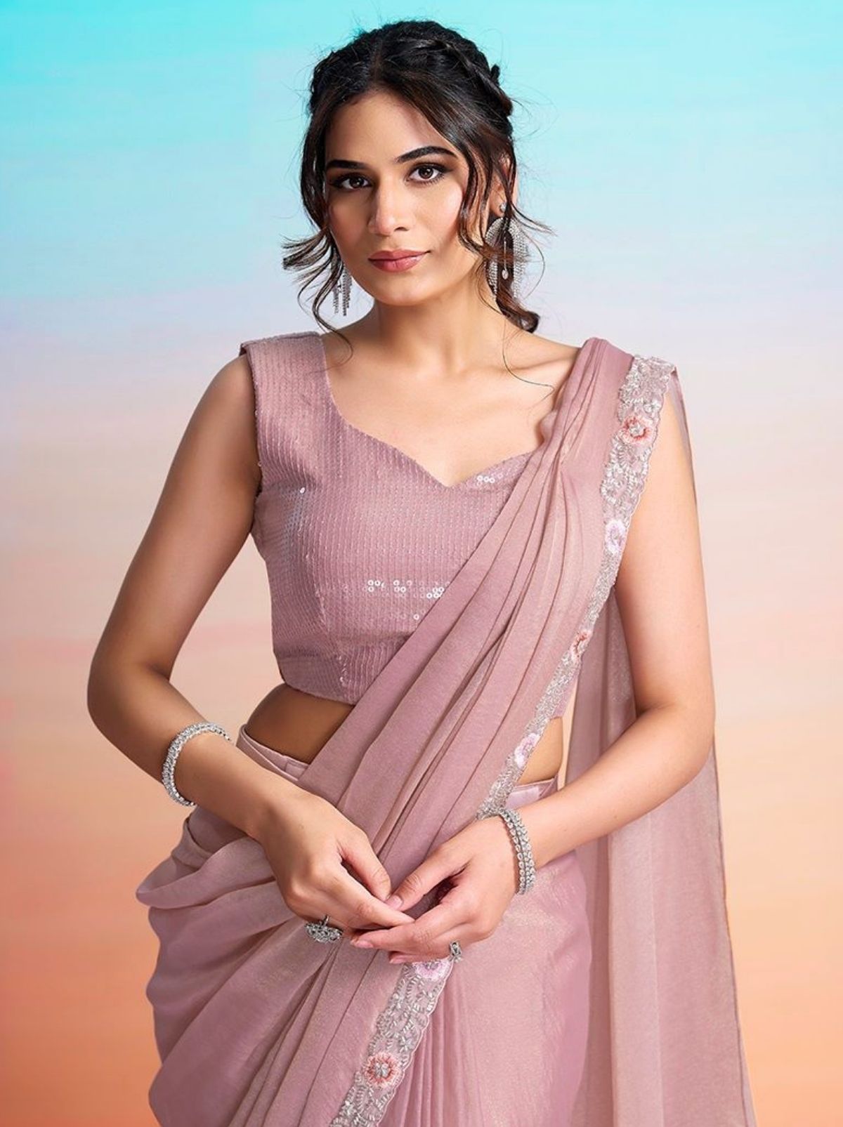 Lilac Purple Ready to Wear Premium Satin Silk Pearl Work Saree