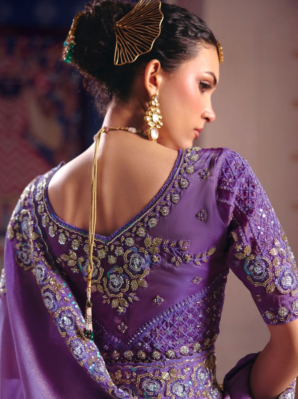 Amethyst Purple Tissue Silk Saree with Couture Beadwork & Zari Detailing
