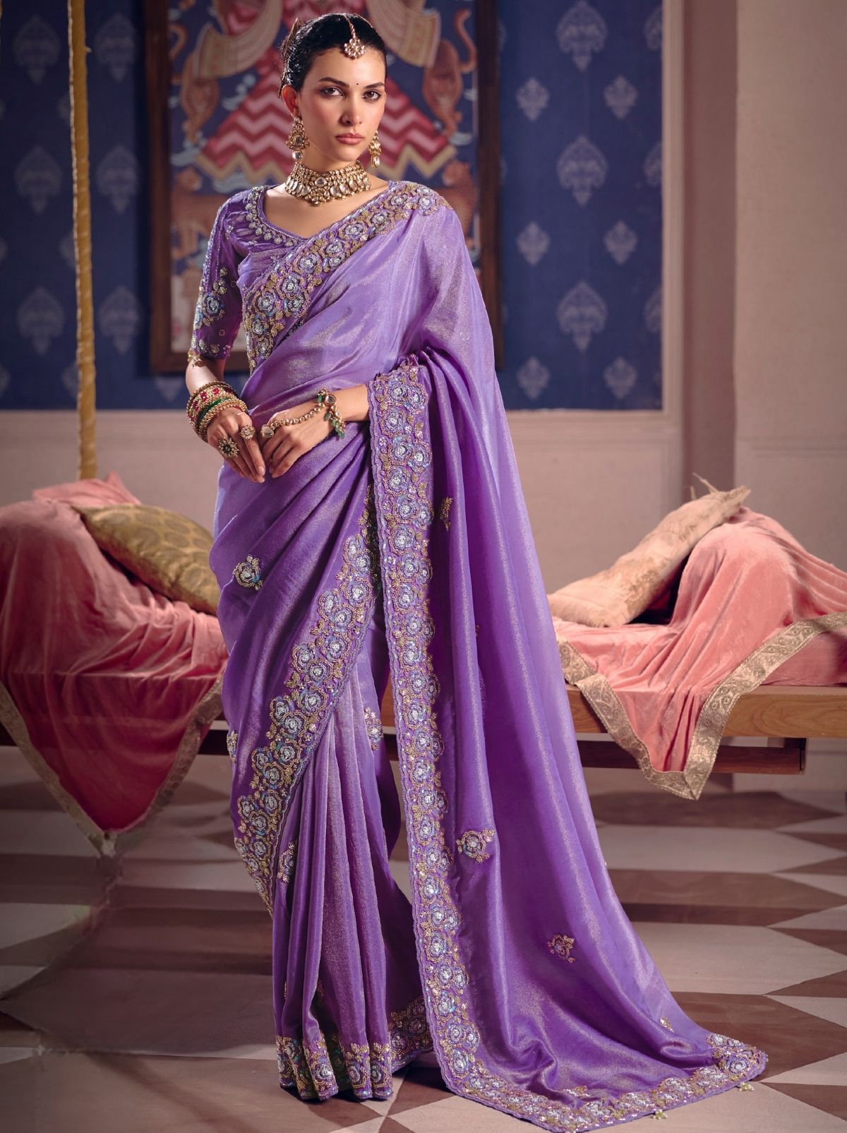 Amethyst Purple Tissue Silk Saree with Couture Beadwork & Zari Detailing