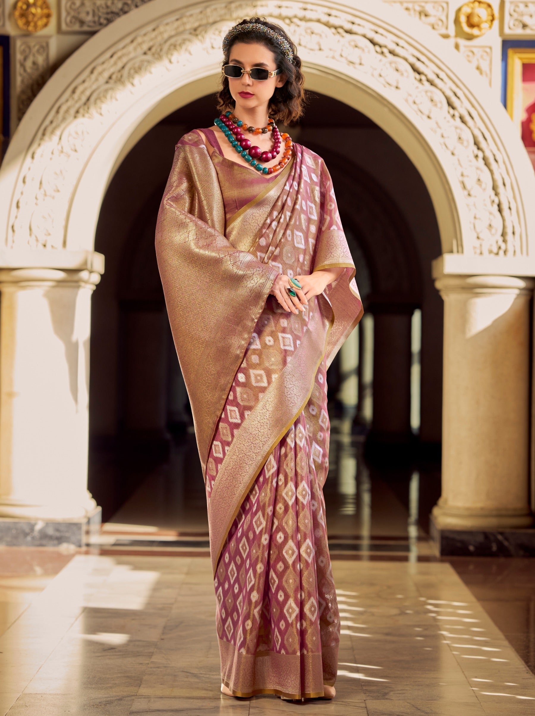 Hibiscus Violet Premium Tissue Silk Festive Saree - TrendOye