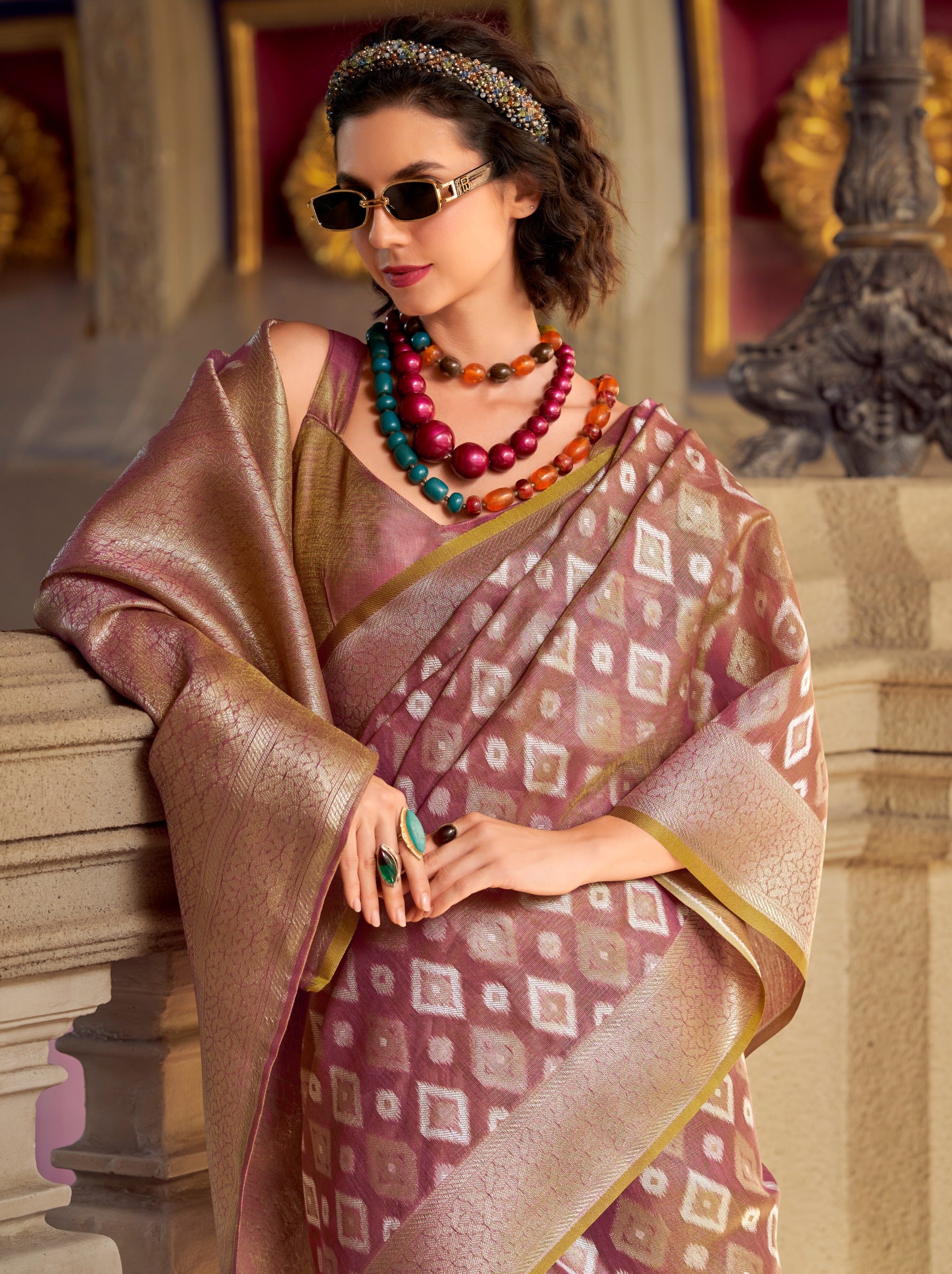 Hibiscus Violet Premium Tissue Silk Festive Saree - TrendOye