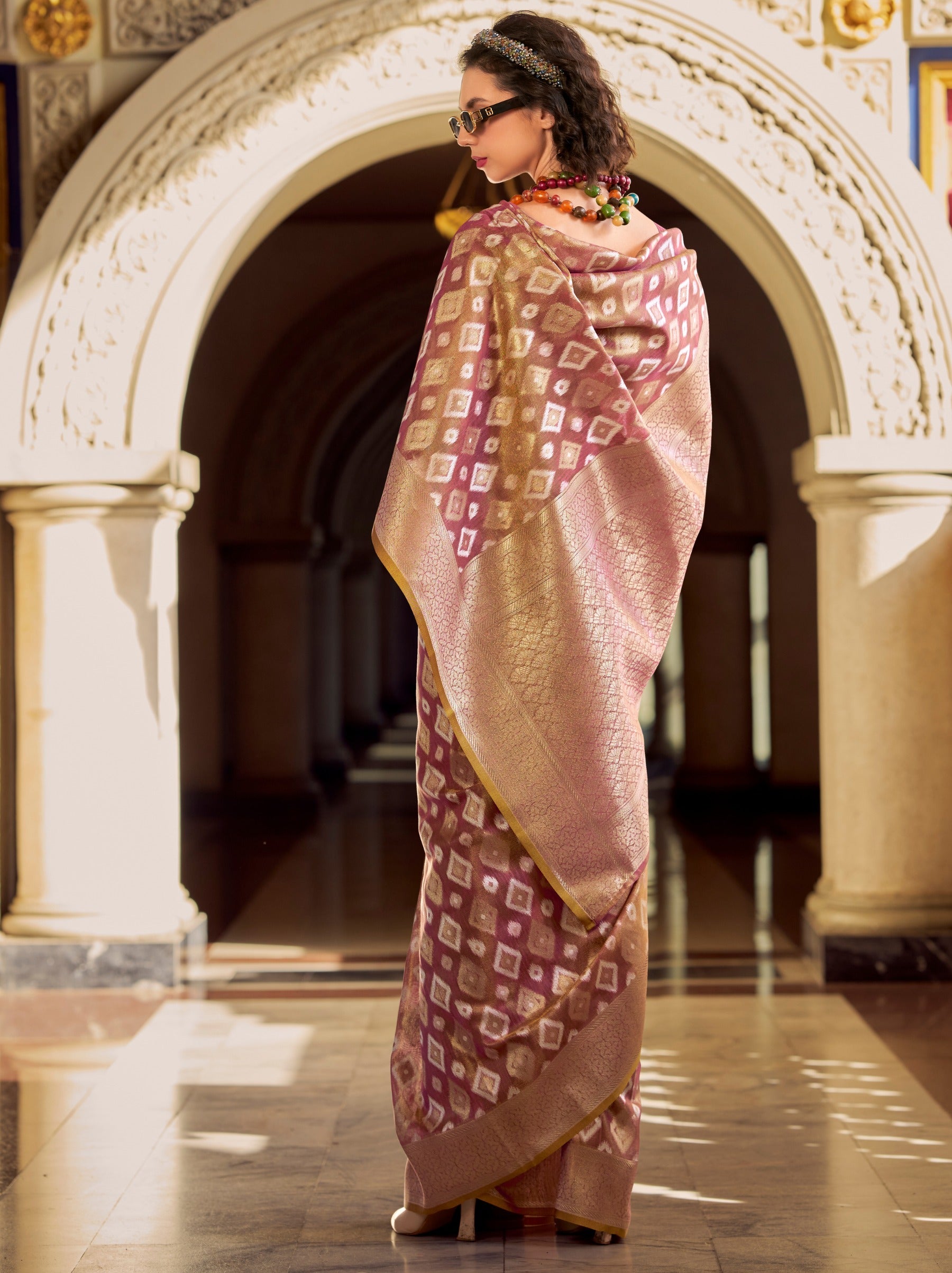 Hibiscus Violet Premium Tissue Silk Festive Saree - TrendOye