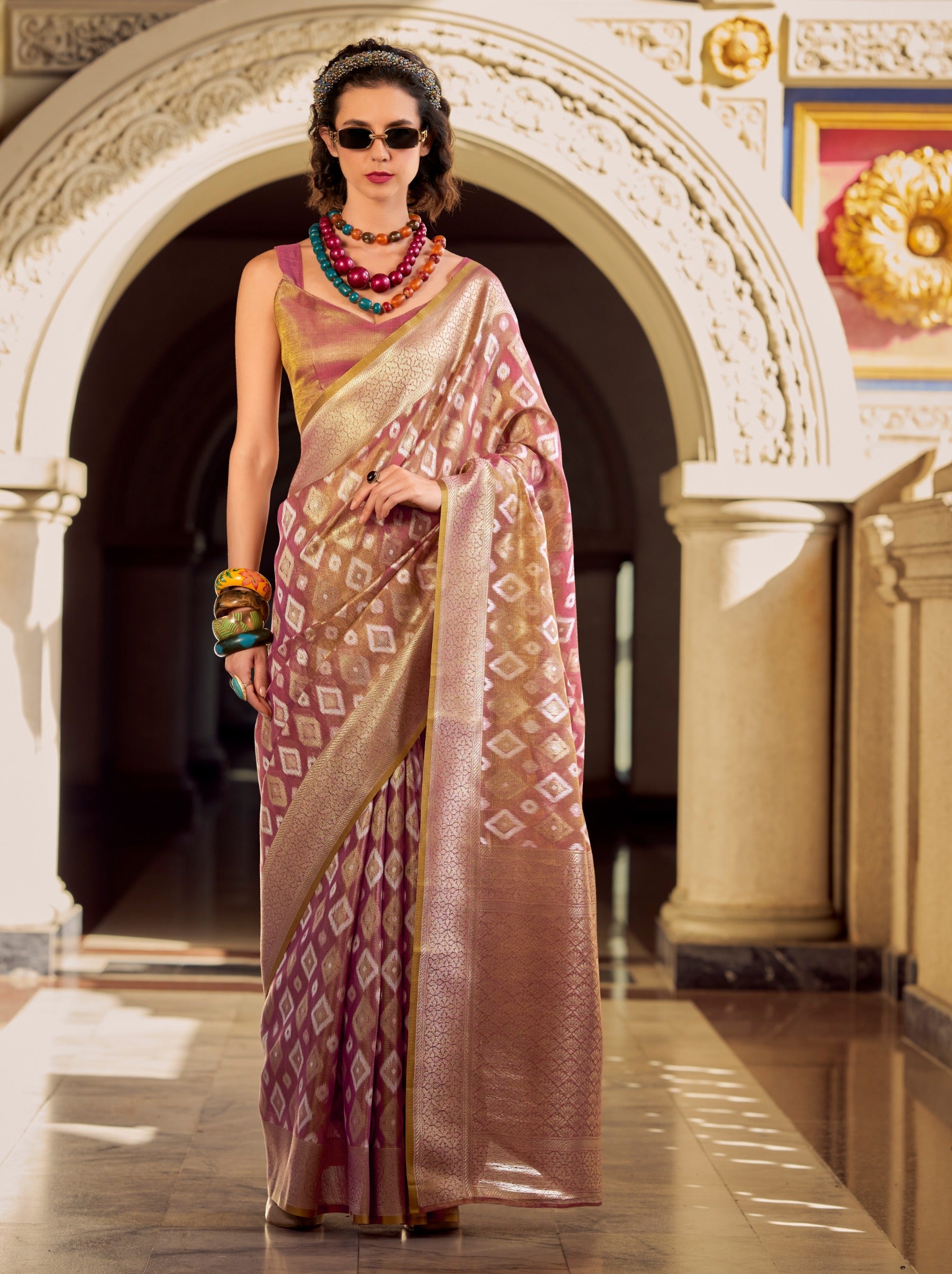 Hibiscus Violet Premium Tissue Silk Festive Saree - TrendOye