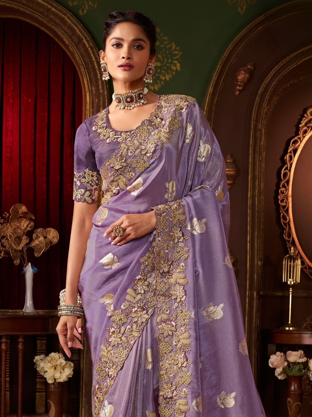 Lavender Purple Traditional Bridal Saree With Designer Blouse Piece
