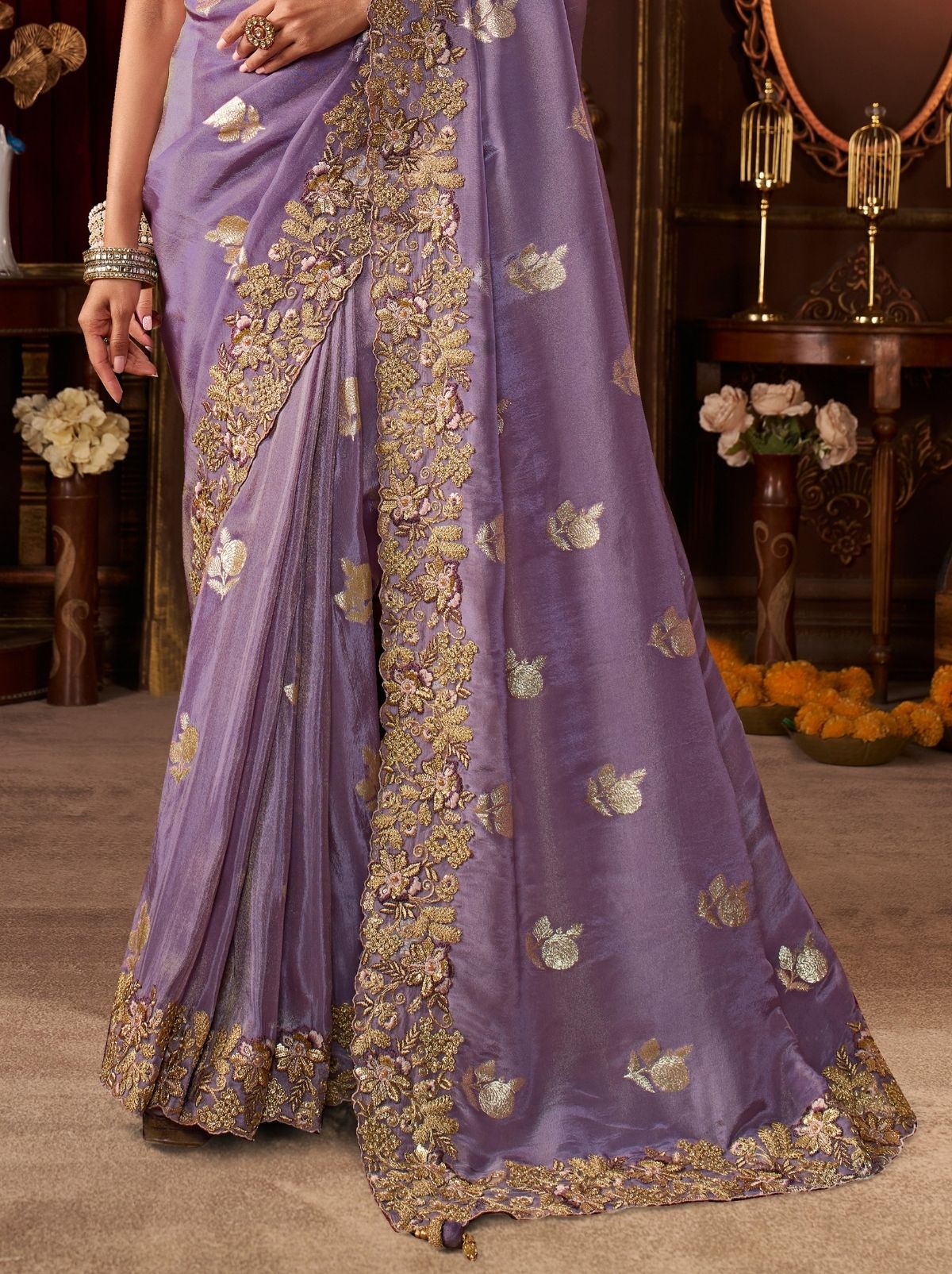 Lavender Purple Traditional Bridal Saree With Designer Blouse Piece