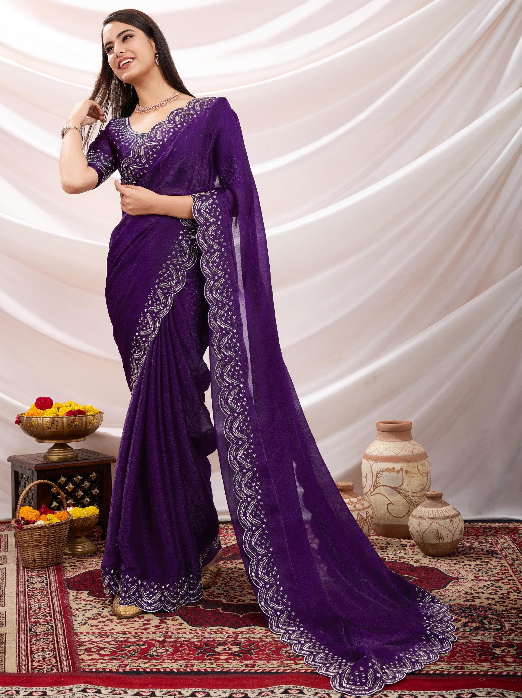 Eggplant Violet Party Saree - TrendOye
