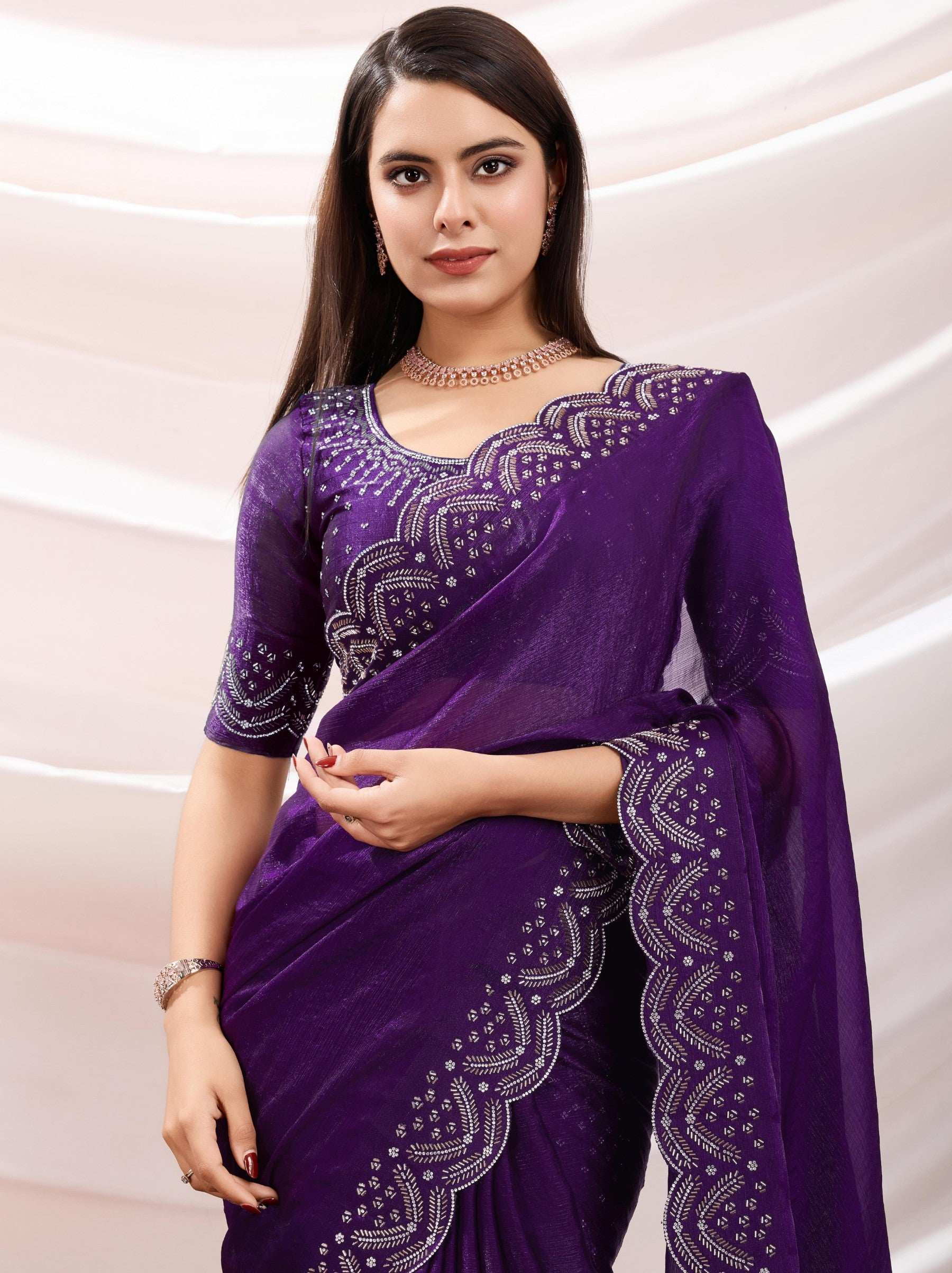 Eggplant Violet Party Saree - TrendOye