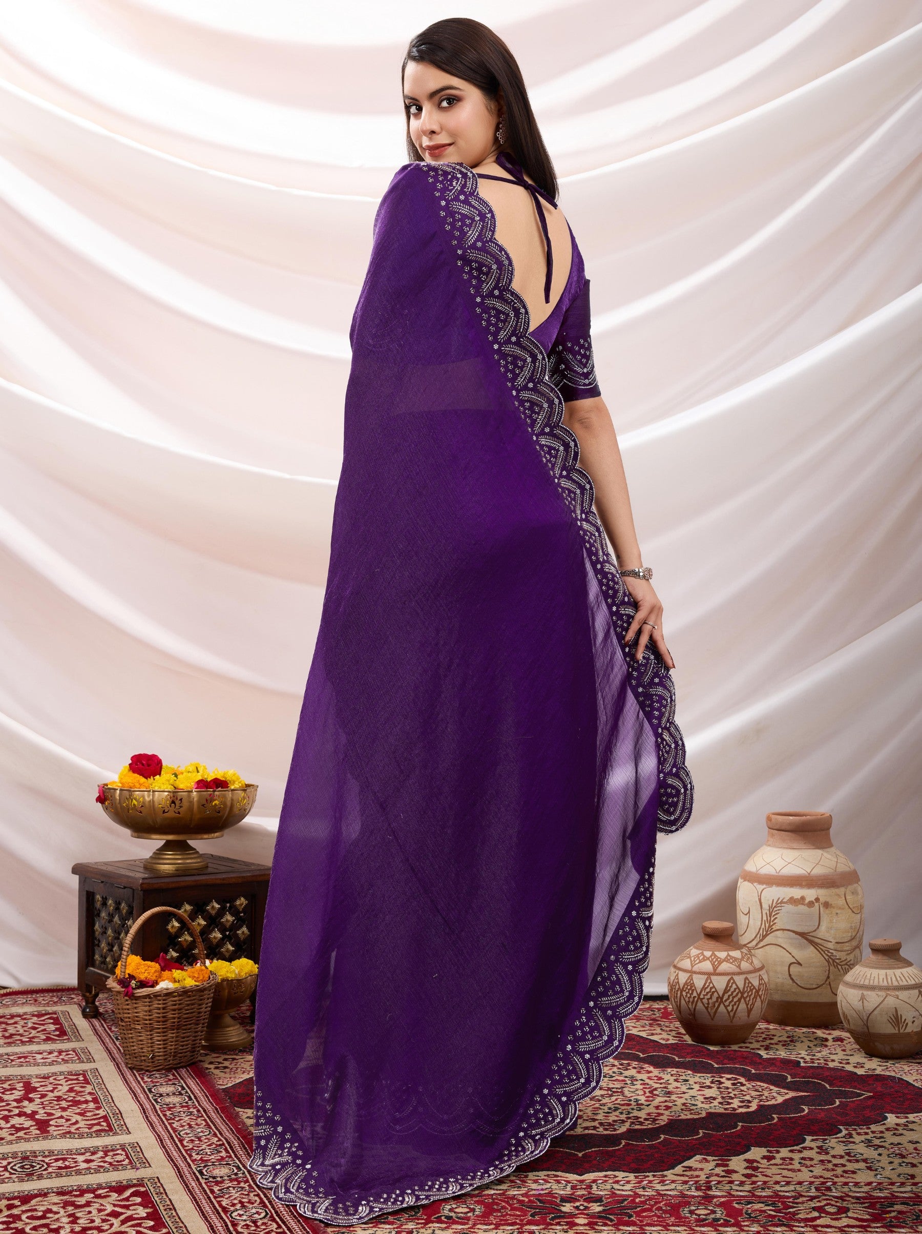 Eggplant Violet Party Saree - TrendOye