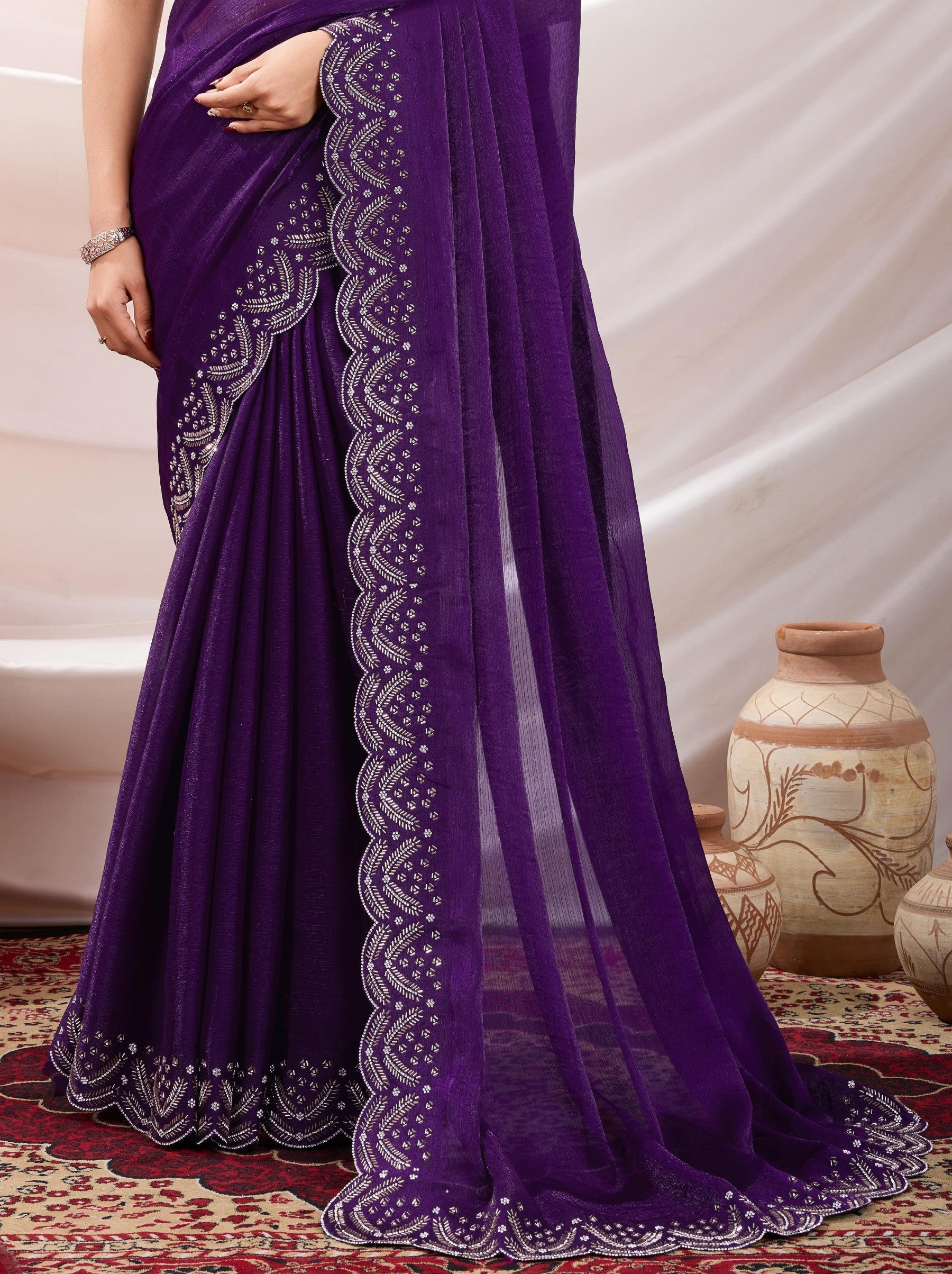 Eggplant Violet Party Saree - TrendOye
