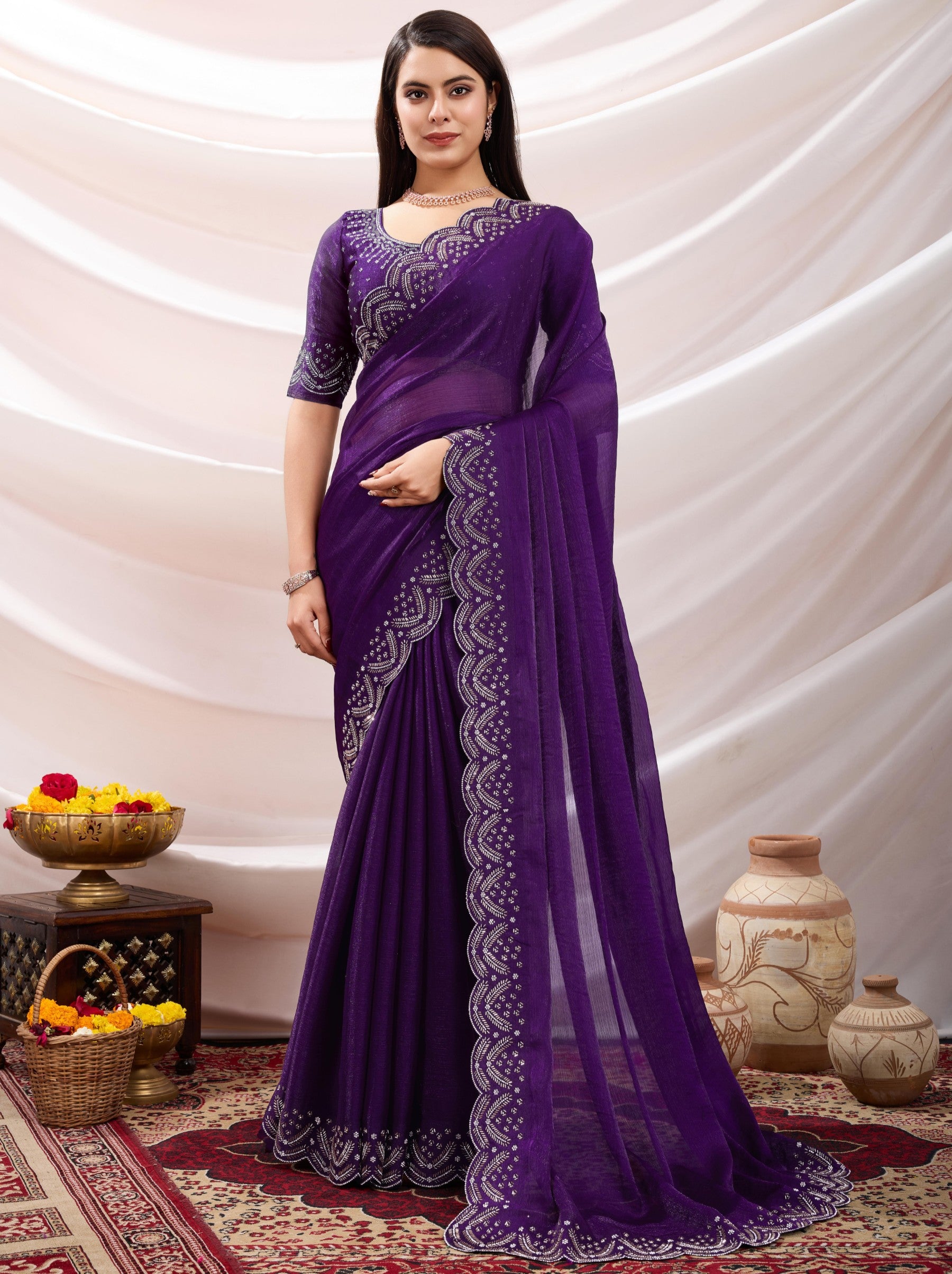 Eggplant Violet Party Saree - TrendOye