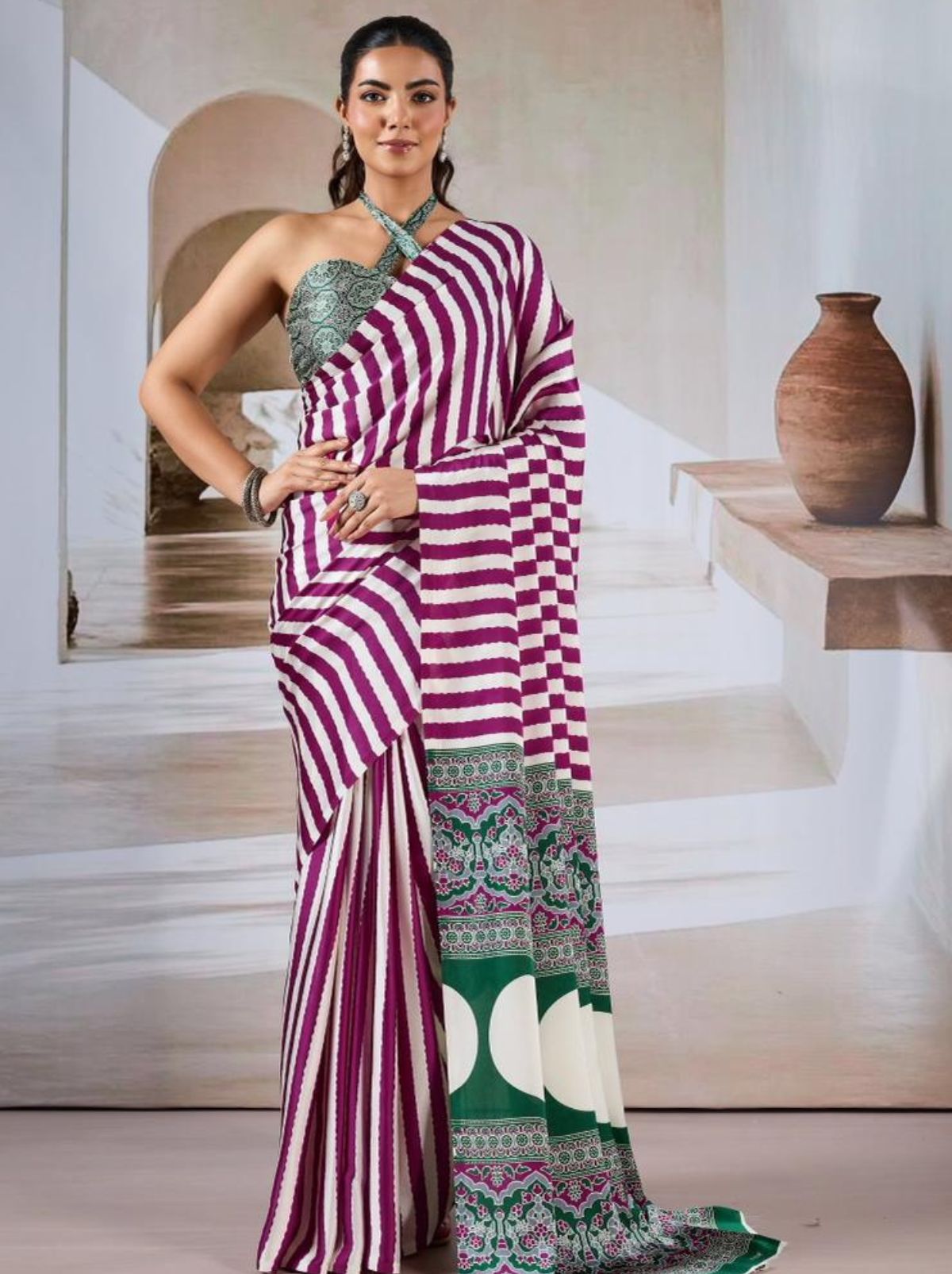 Magenta Purple Trendy Striped Ajrakh Print Saree With Blouse Piece - TrendOye