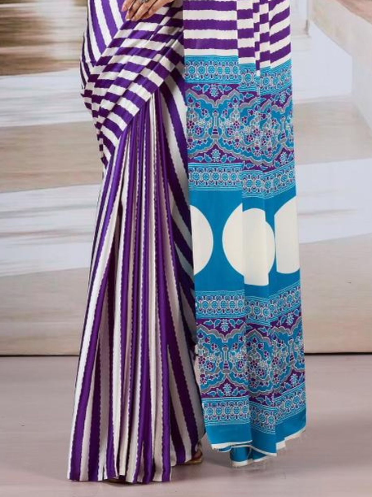 Indigo Purple Trendy Striped Ajrakh Print Saree With Blouse Piece - TrendOye