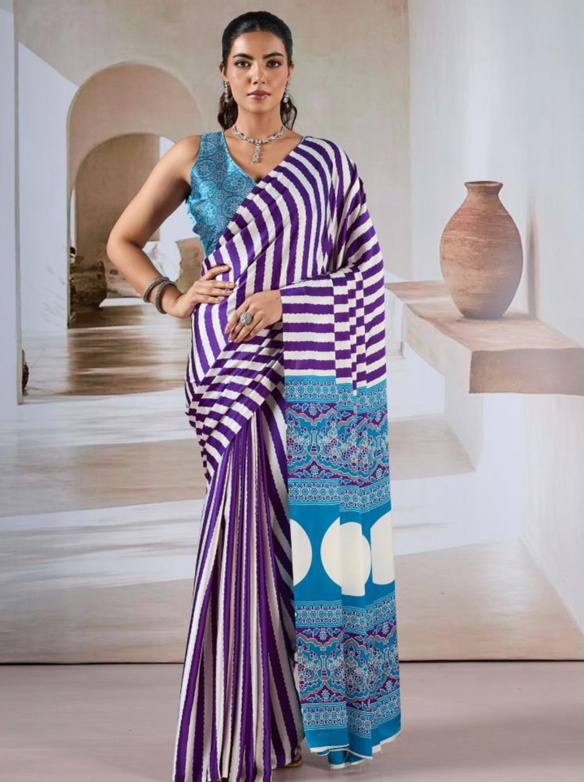 Indigo Purple Trendy Striped Ajrakh Print Saree With Blouse Piece - TrendOye
