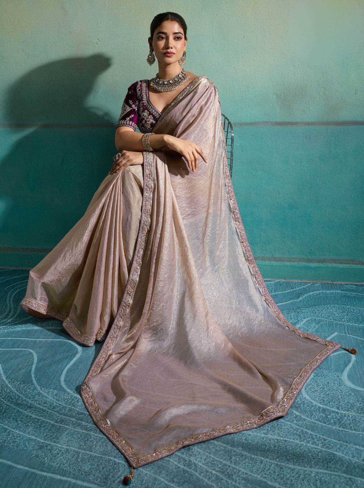 Pastel Purple Velvet Satin Celebration Saree with Heavy Blouse