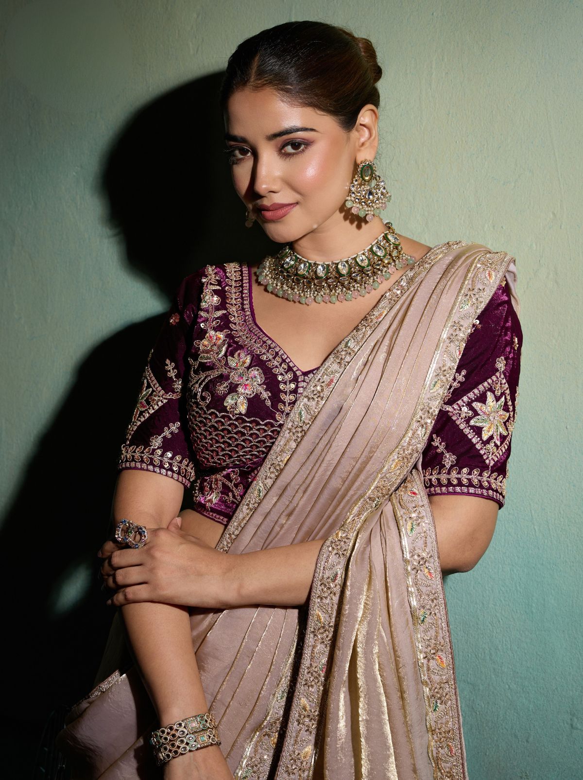 Pastel Purple Velvet Satin Celebration Saree with Heavy Blouse