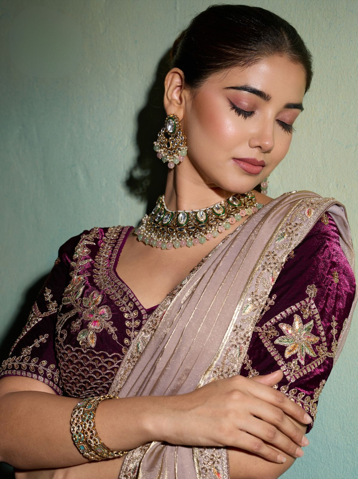 Pastel Purple Velvet Satin Celebration Saree with Heavy Blouse