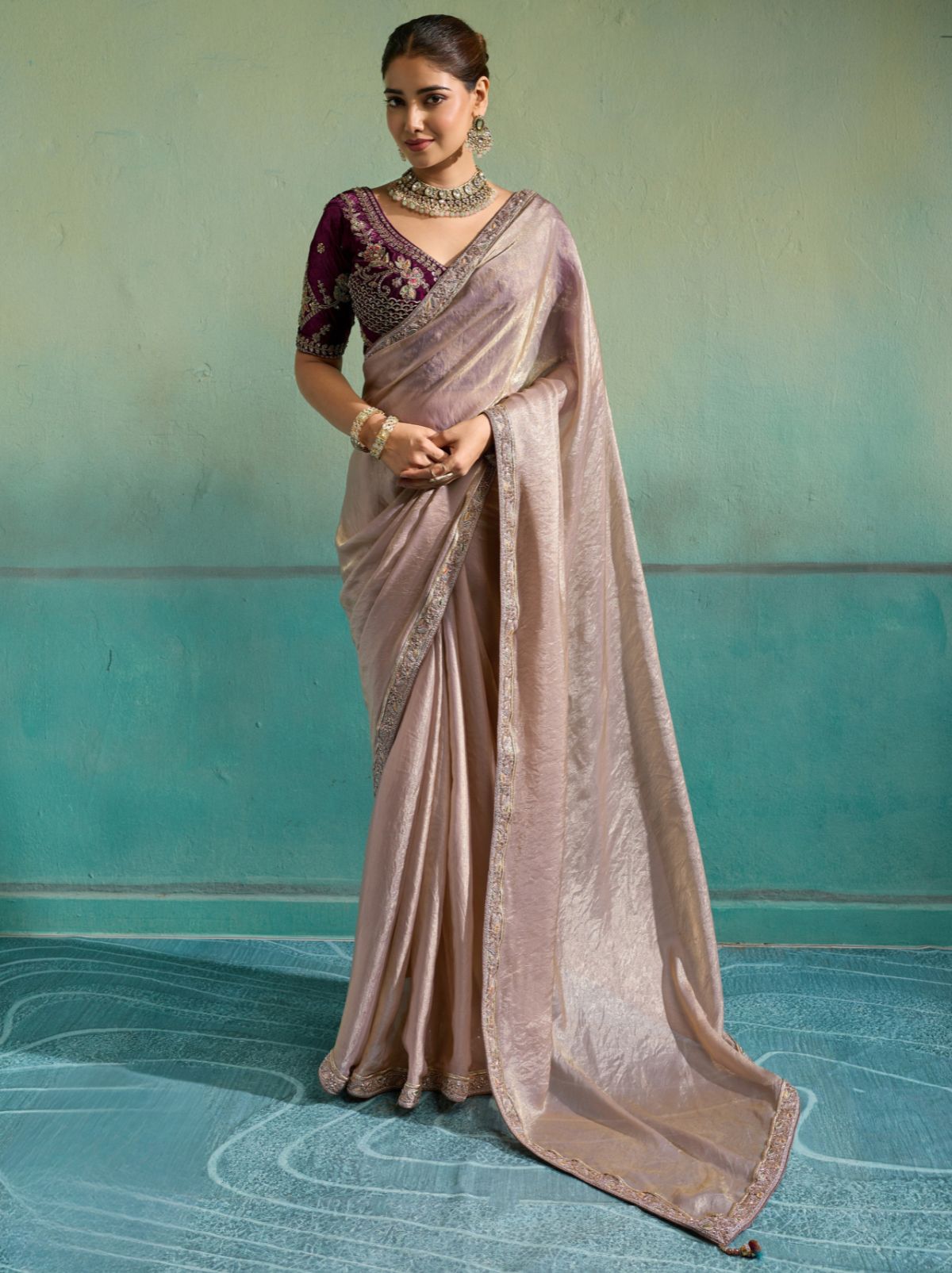 Pastel Purple Velvet Satin Celebration Saree with Heavy Blouse