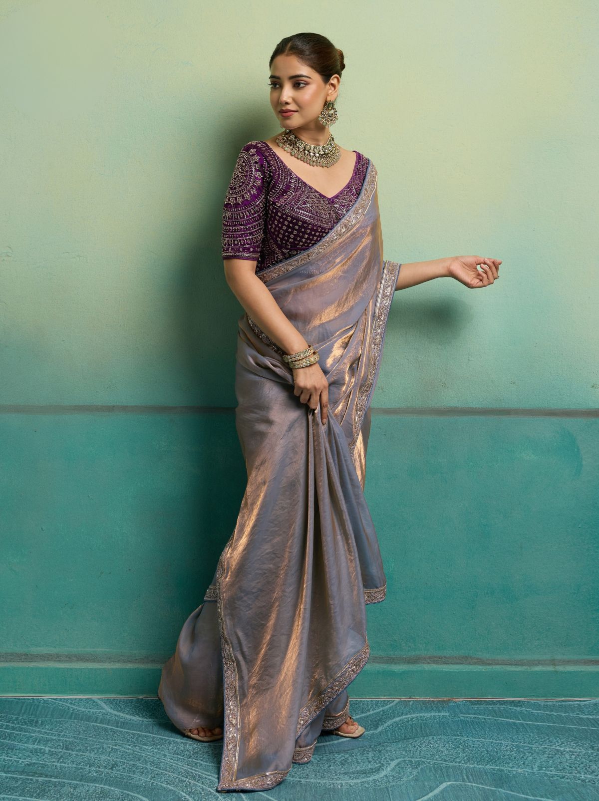 Dual Tone Purple Velvet Satin Celebration Saree with Heavy Blouse