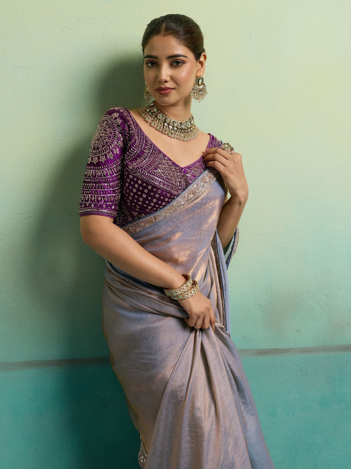 Dual Tone Purple Velvet Satin Celebration Saree with Heavy Blouse