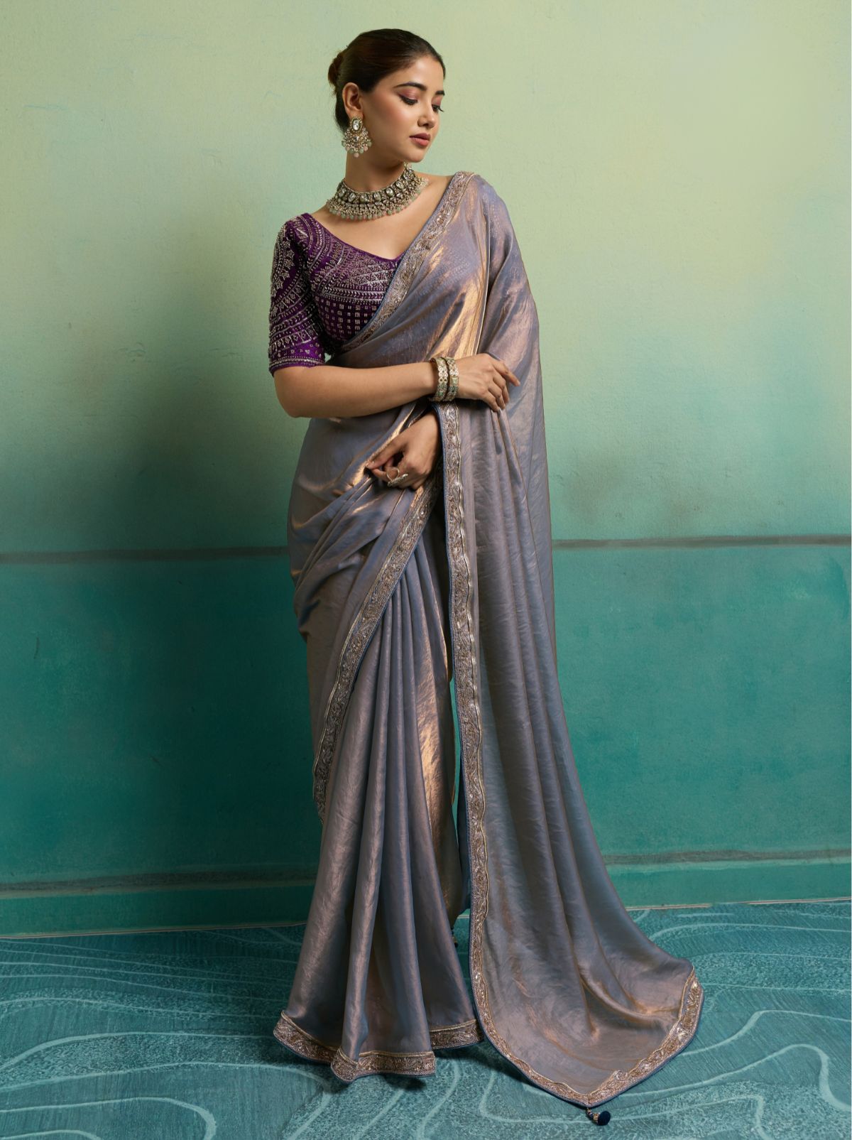 Dual Tone Purple Velvet Satin Celebration Saree with Heavy Blouse
