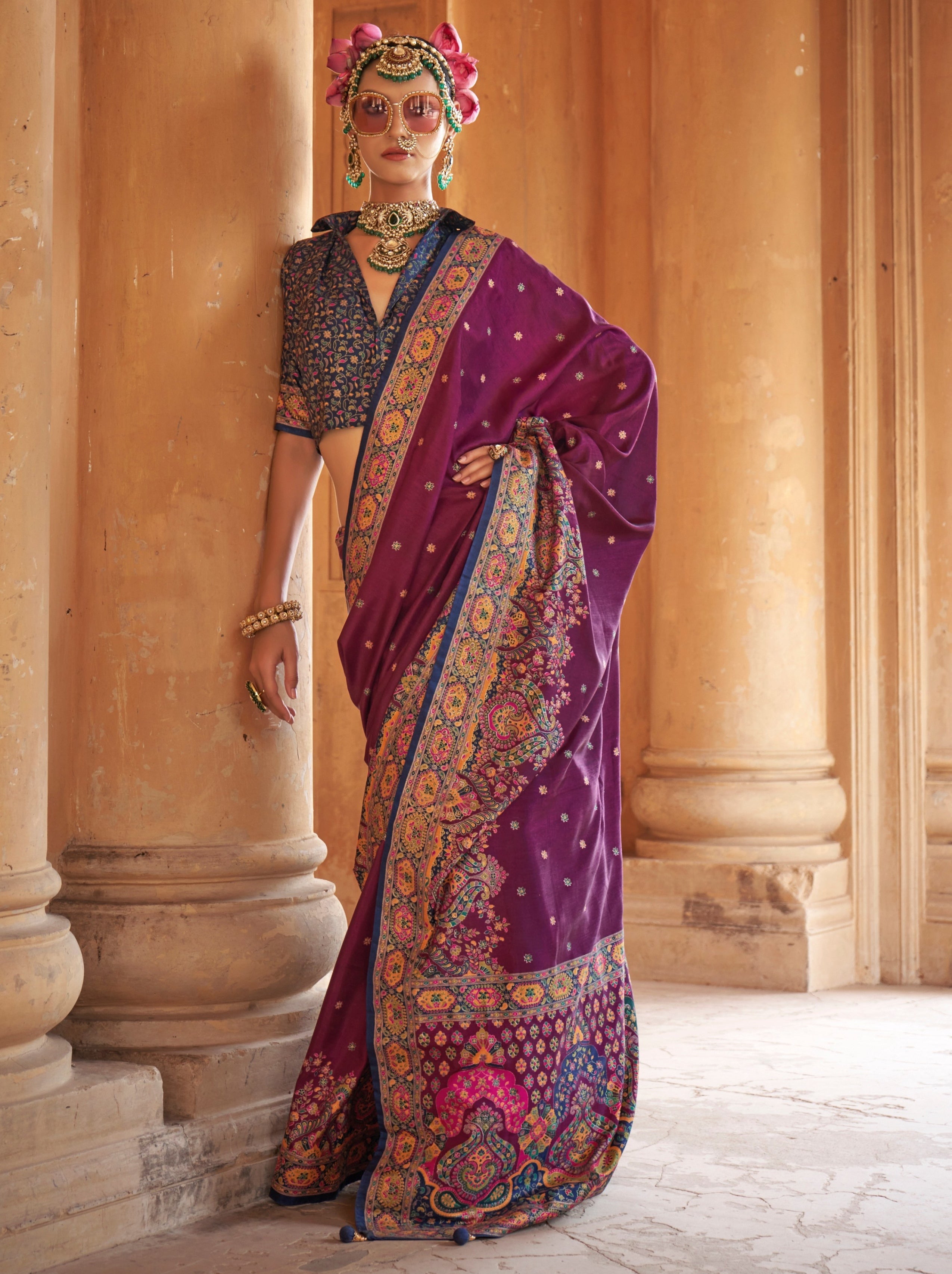 Vibrant Byzantine Violet Ethnic Celebration Silk Saree With Unstitched Blouse - TrendOye