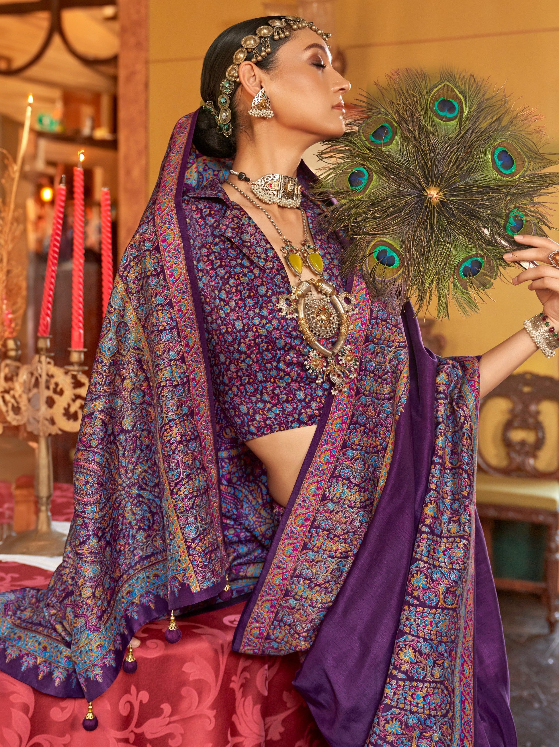Lollipop Violet Ethnic Festive Silk Saree With Blouse Piece - TrendOye