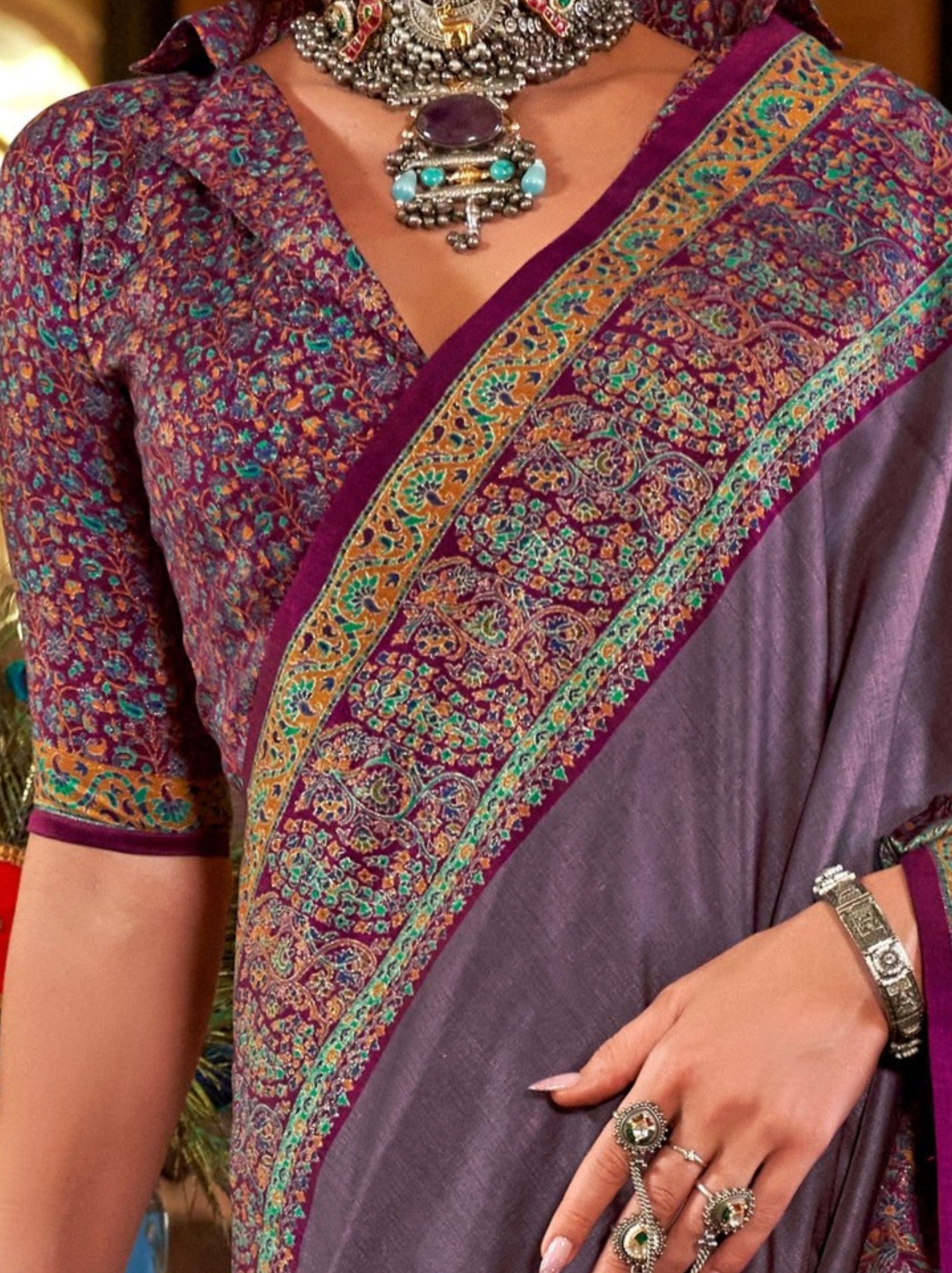 Mauve Violet Ethnic Festive Silk Saree With Blouse Piece - TrendOye