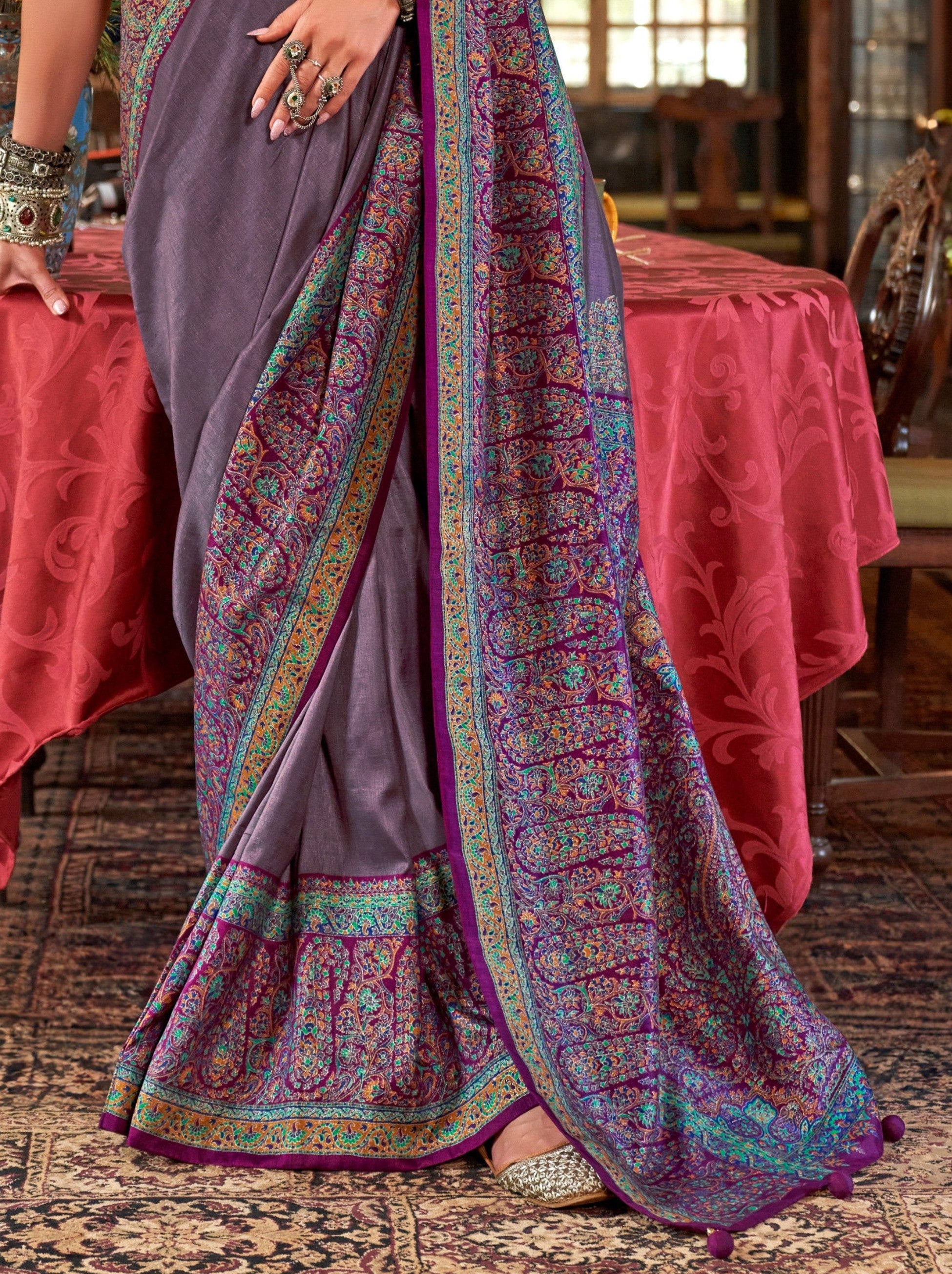 Mauve Violet Ethnic Festive Silk Saree With Blouse Piece - TrendOye