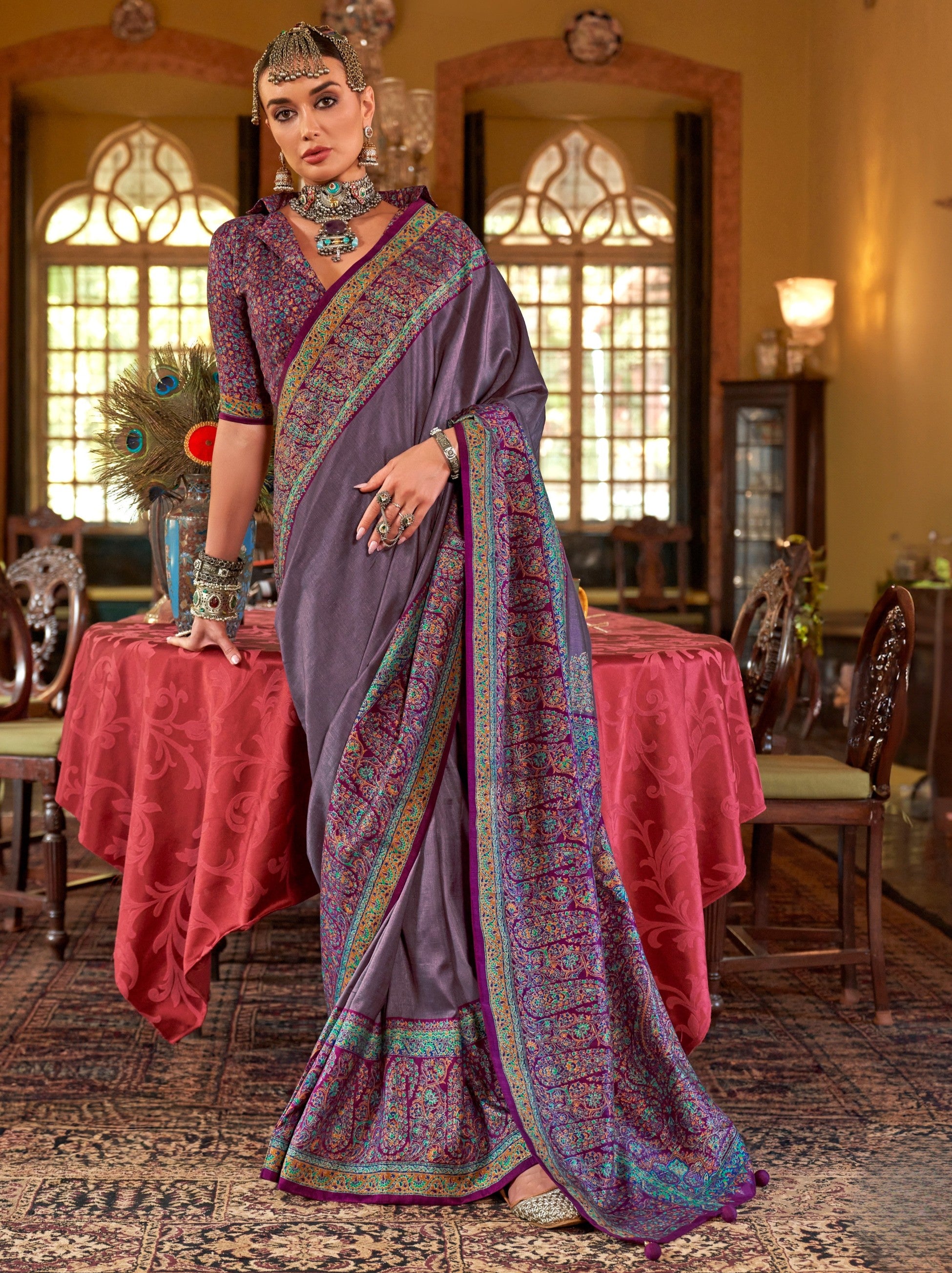 Mauve Violet Ethnic Festive Silk Saree With Blouse Piece - TrendOye