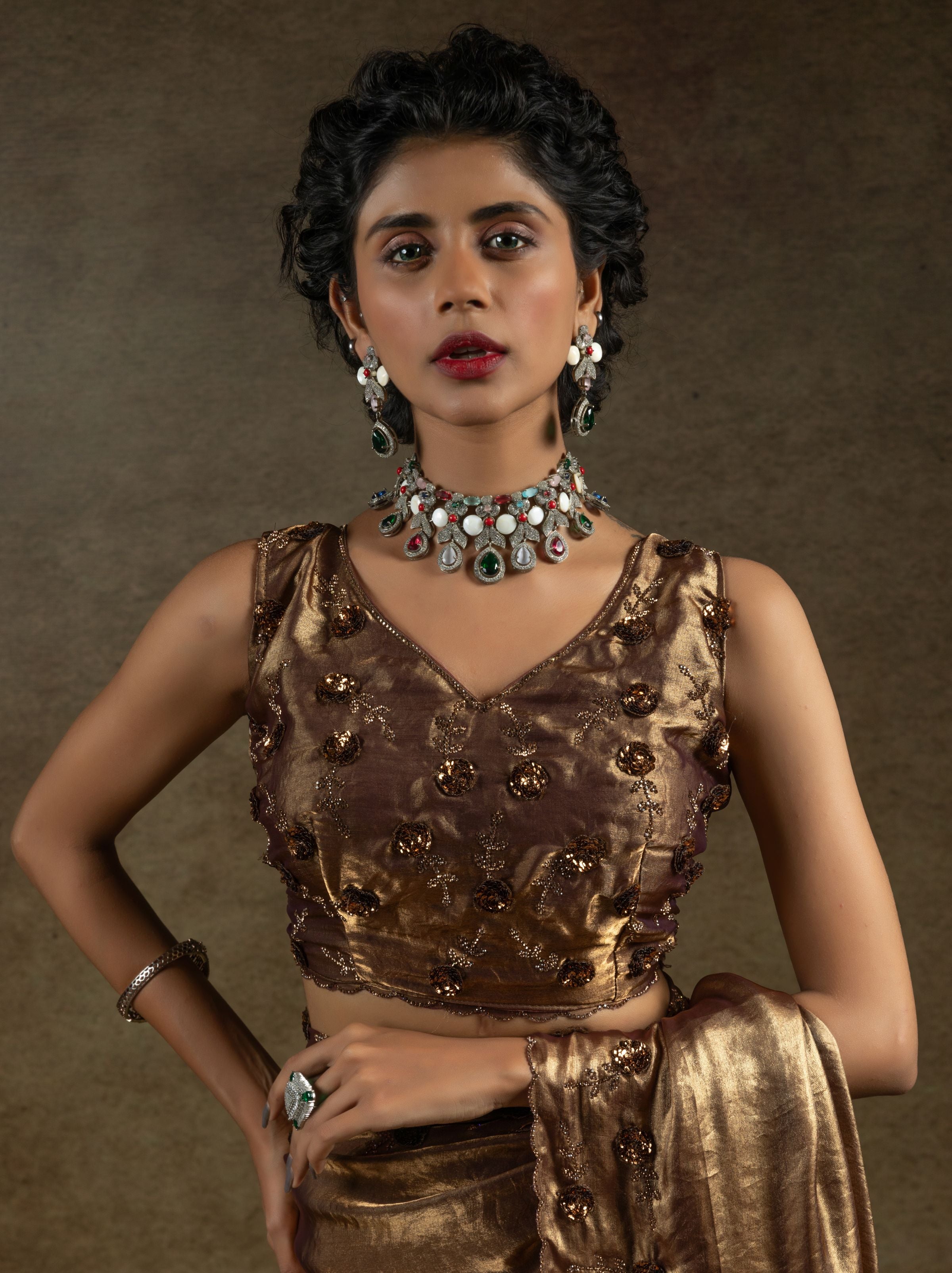 Metallic Bronze Satin Silk Party Saree With Blouse Piece - TrendOye