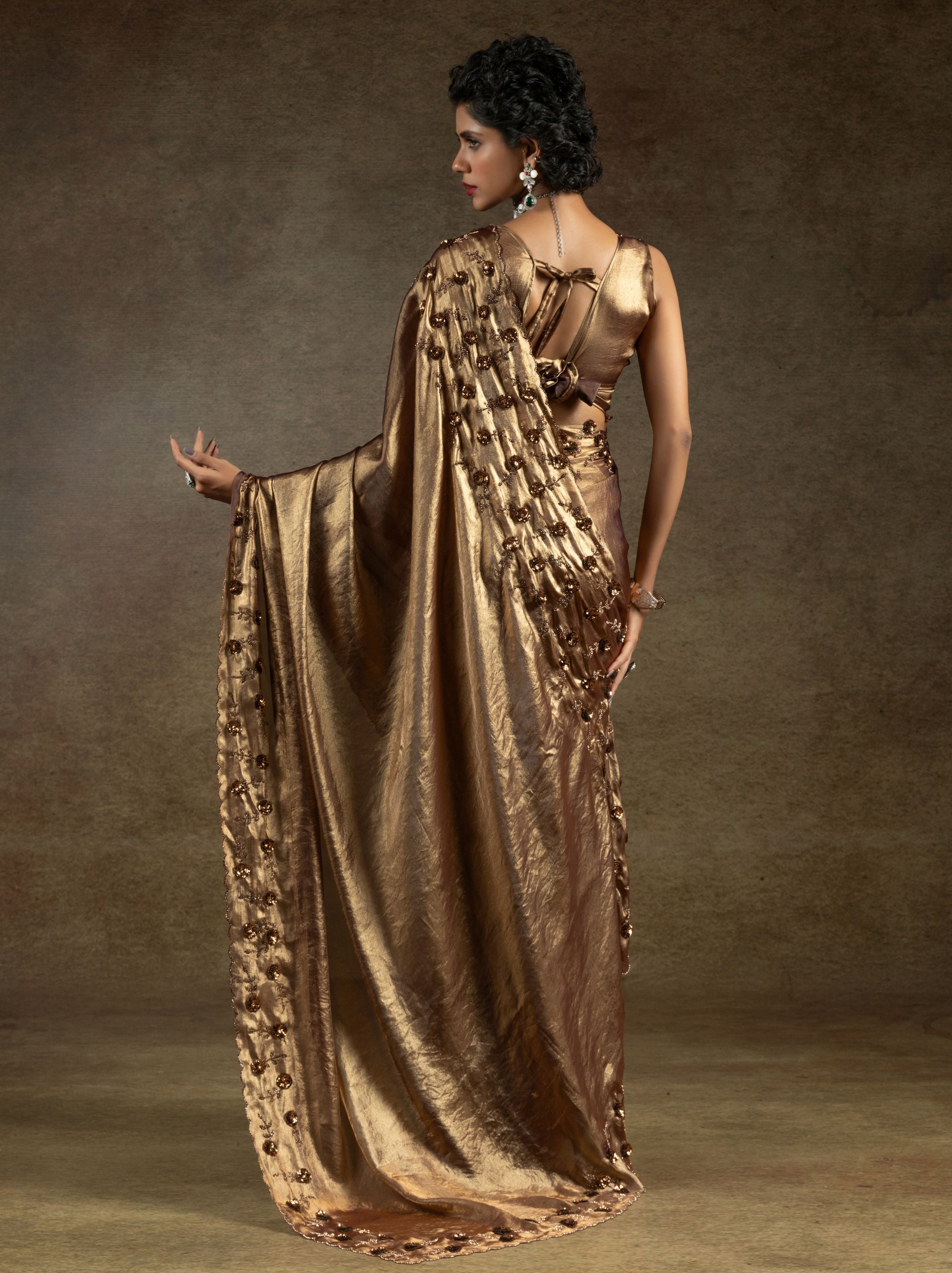Metallic Bronze Satin Silk Party Saree With Blouse Piece - TrendOye