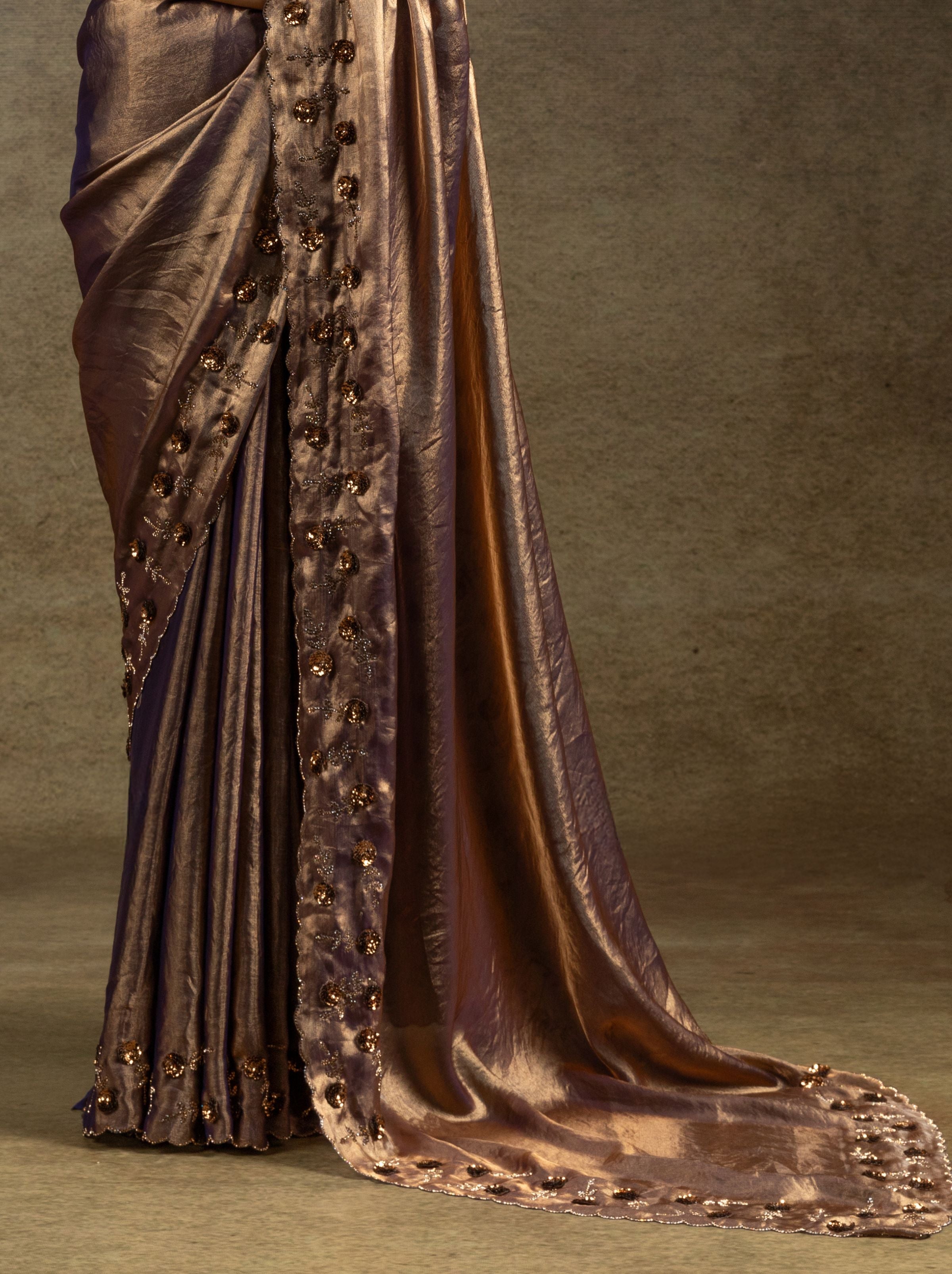 Metallic Bronze Satin Silk Party Saree With Blouse Piece - TrendOye