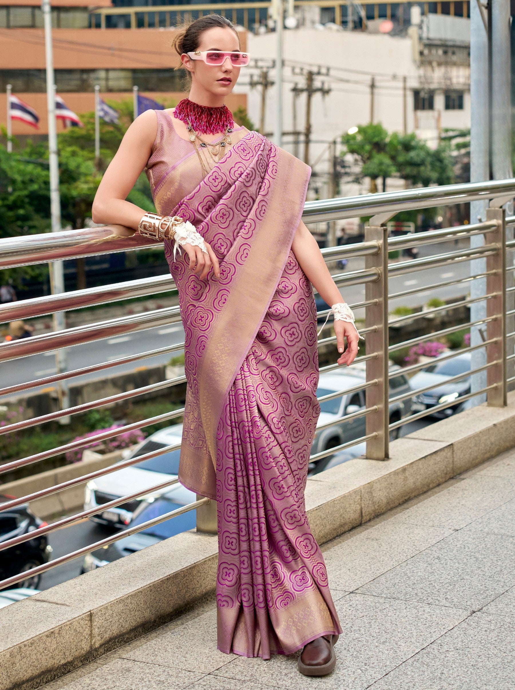 Fandango Violet Kanjivaram Festive Saree - TrendOye