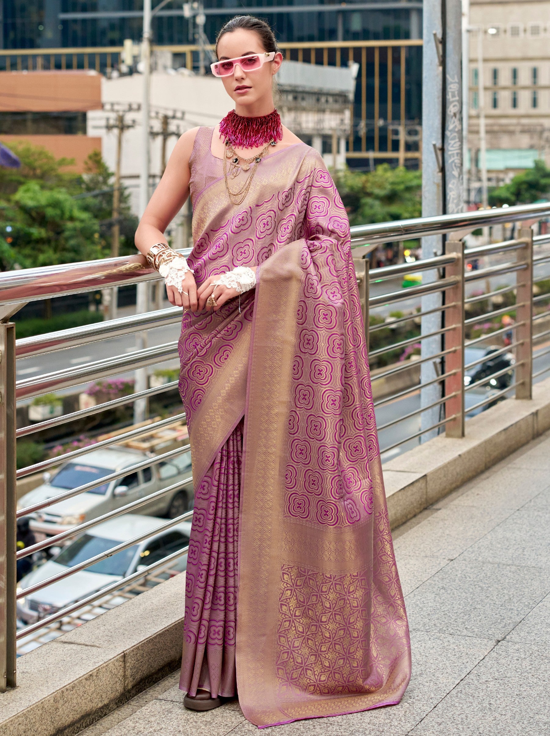 Fandango Violet Kanjivaram Festive Saree - TrendOye