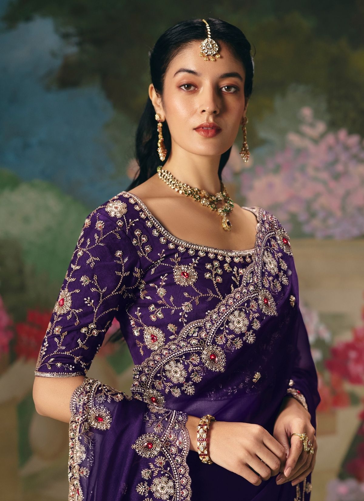 Eggplant Purple Wedding & Party Fancy Saree With Premium Blouse Piece - TrendOye