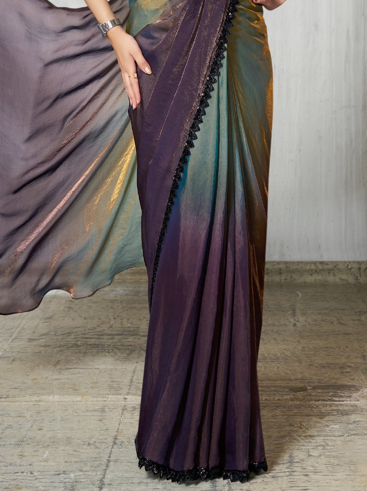 Purple-Blue Dual Tone Ready To Wear Satin Saree With Trendy Blouse
